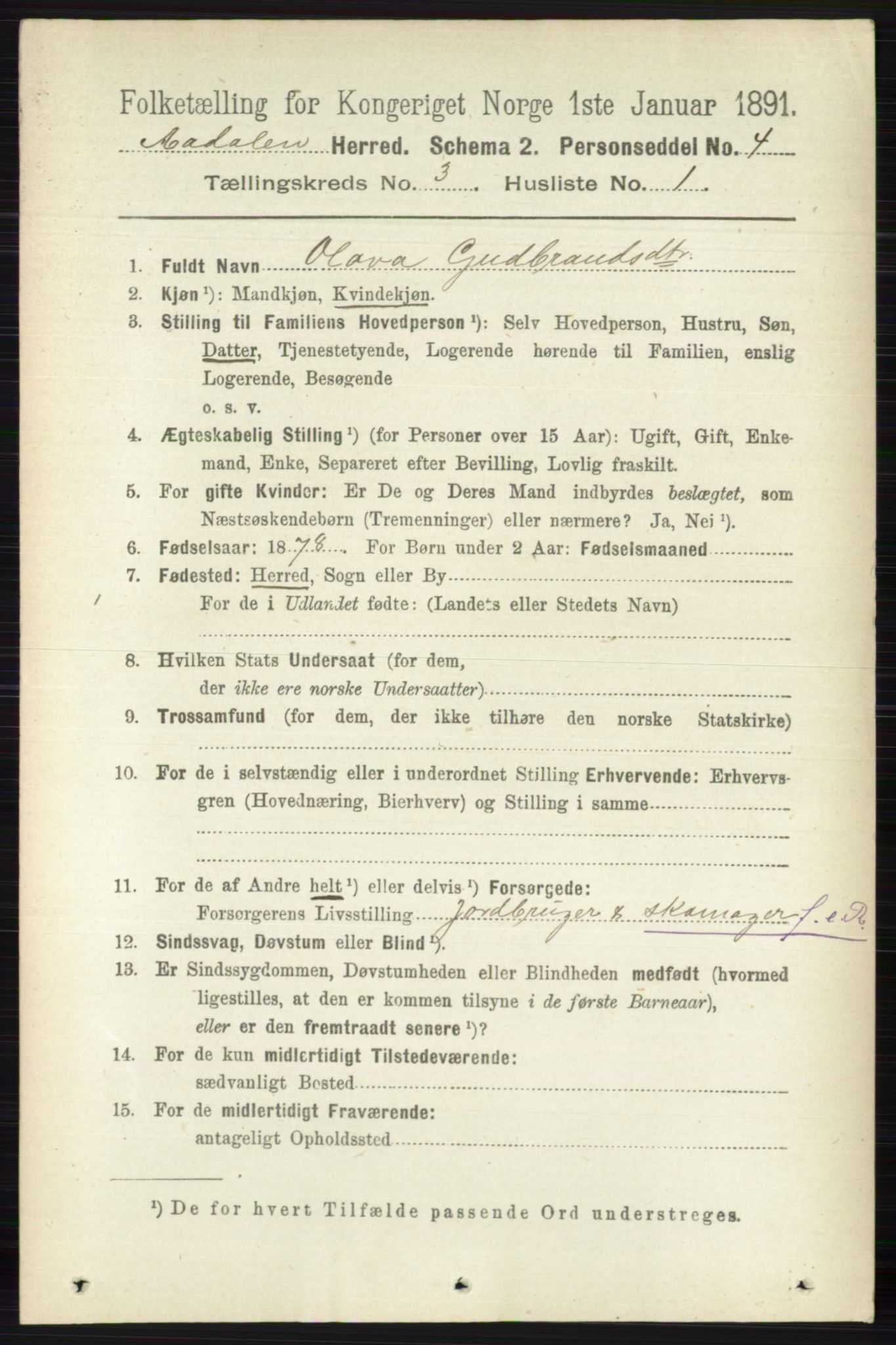 RA, 1891 census for 0614 Ådal, 1891, p. 1031