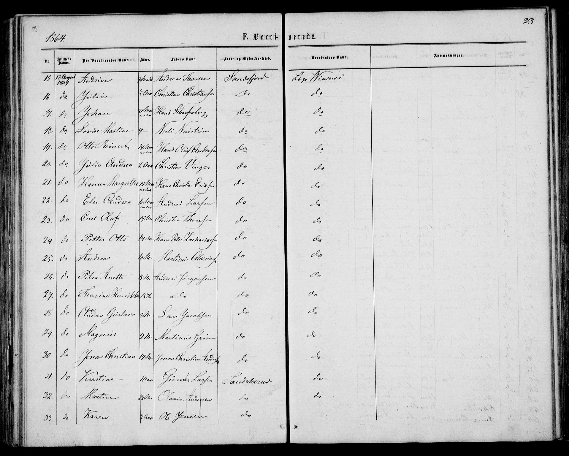 Sandar kirkebøker, AV/SAKO-A-243/F/Fa/L0009: Parish register (official) no. 9, 1862-1871, p. 253