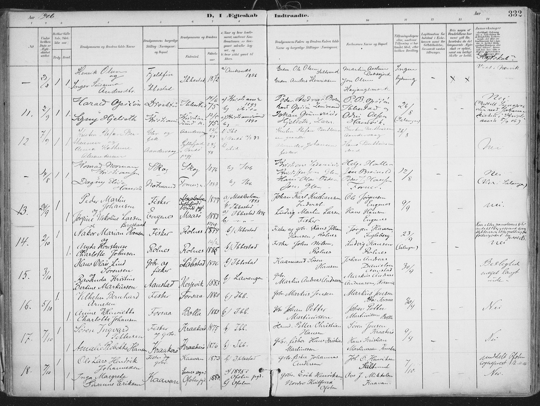 Ibestad sokneprestembete, SATØ/S-0077/H/Ha/Haa/L0017kirke: Parish register (official) no. 17, 1901-1914, p. 332