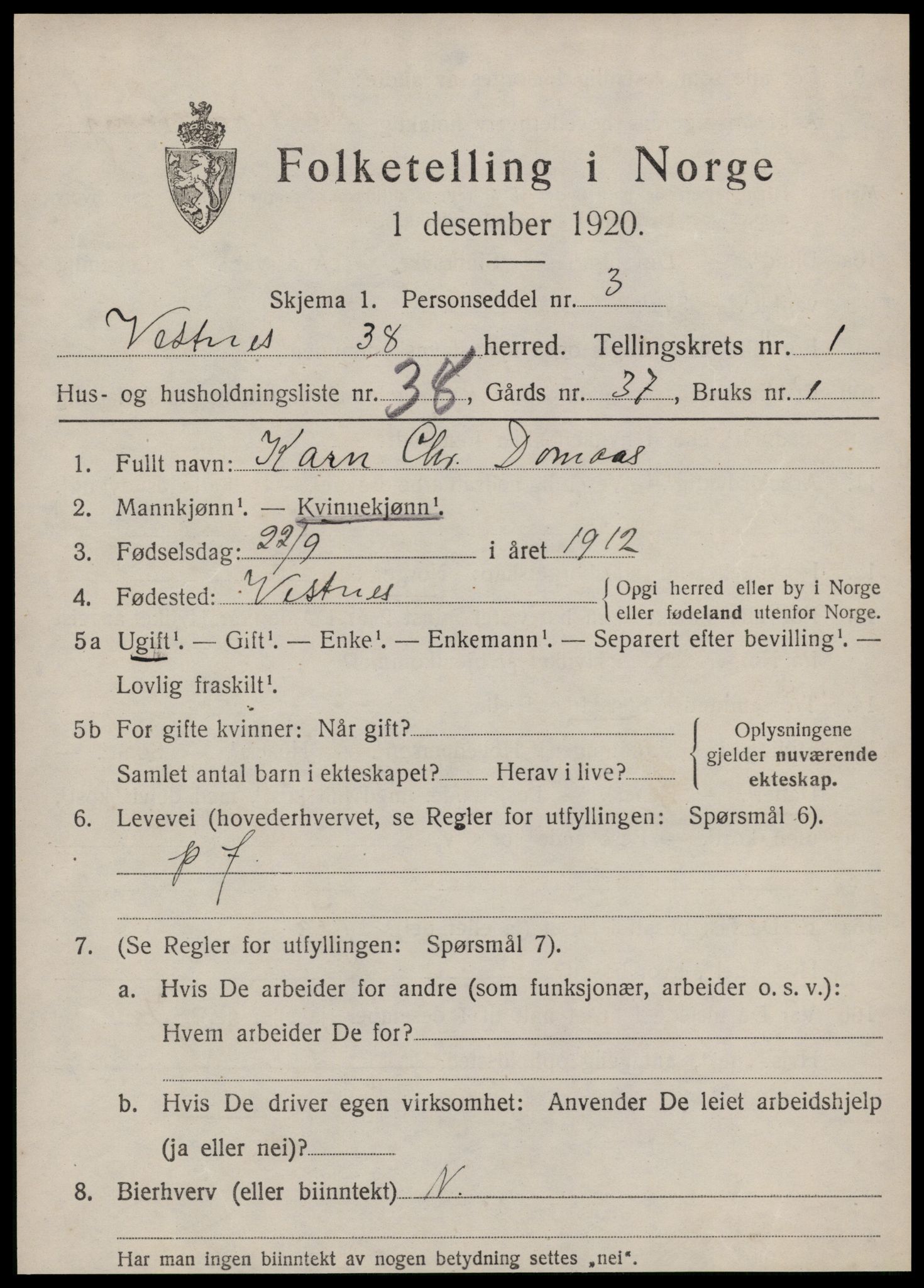 SAT, 1920 census for Vestnes, 1920, p. 1669