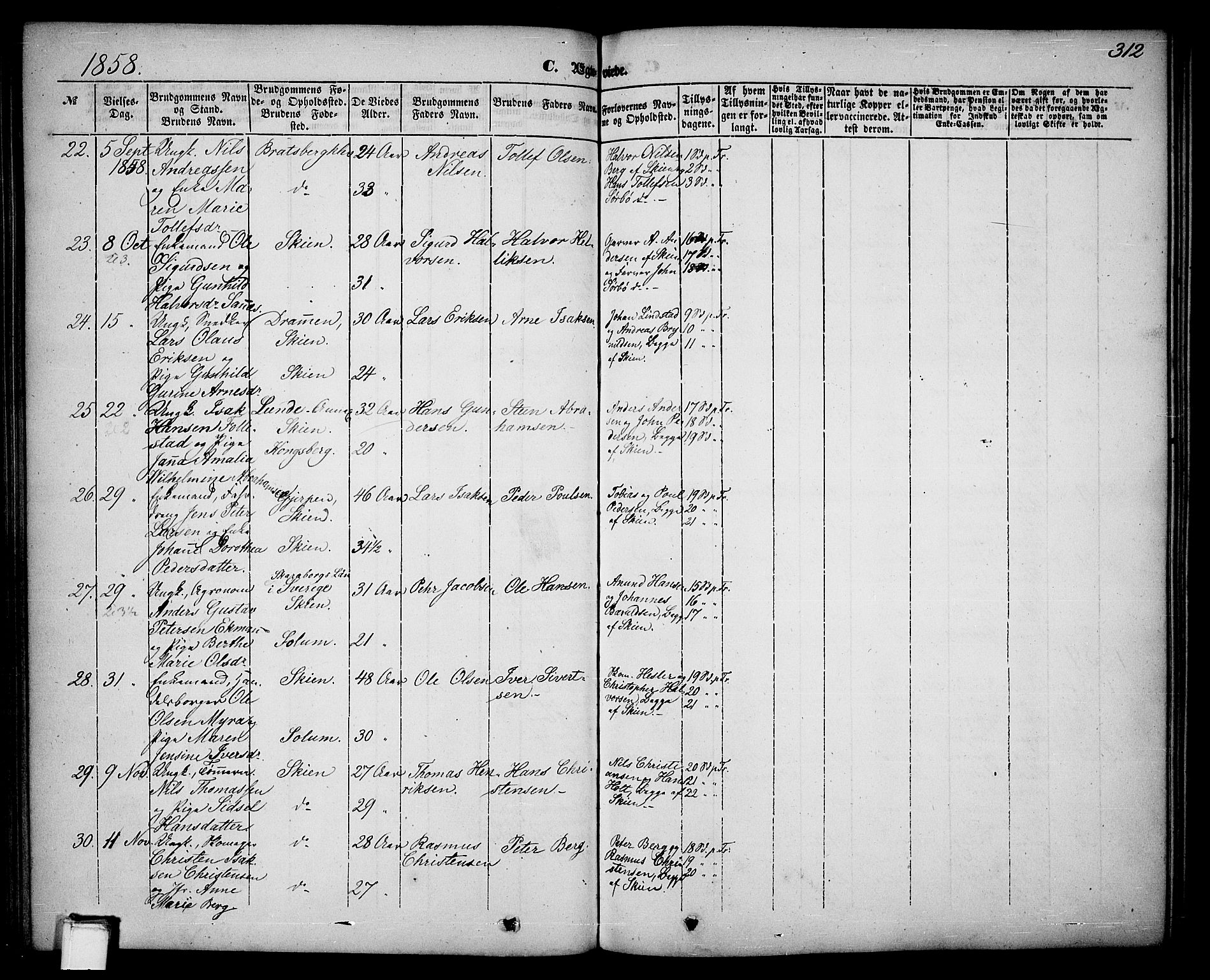 Skien kirkebøker, AV/SAKO-A-302/G/Ga/L0004: Parish register (copy) no. 4, 1843-1867, p. 312