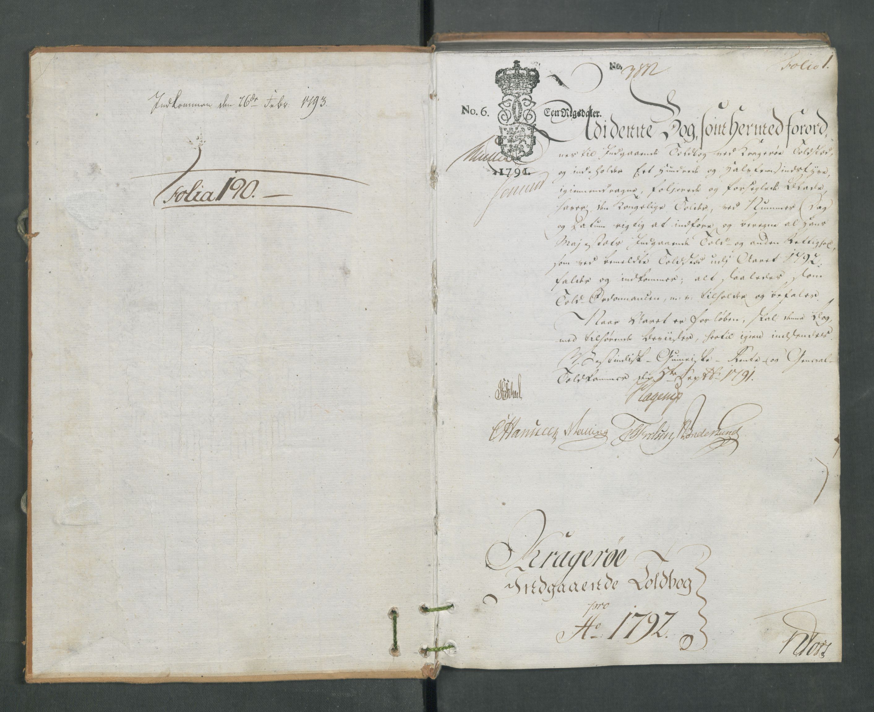 Generaltollkammeret, tollregnskaper, RA/EA-5490/R13/L0085/0001: Tollregnskaper Kragerø / Inngående tollbok, 1790-1792, p. 1a