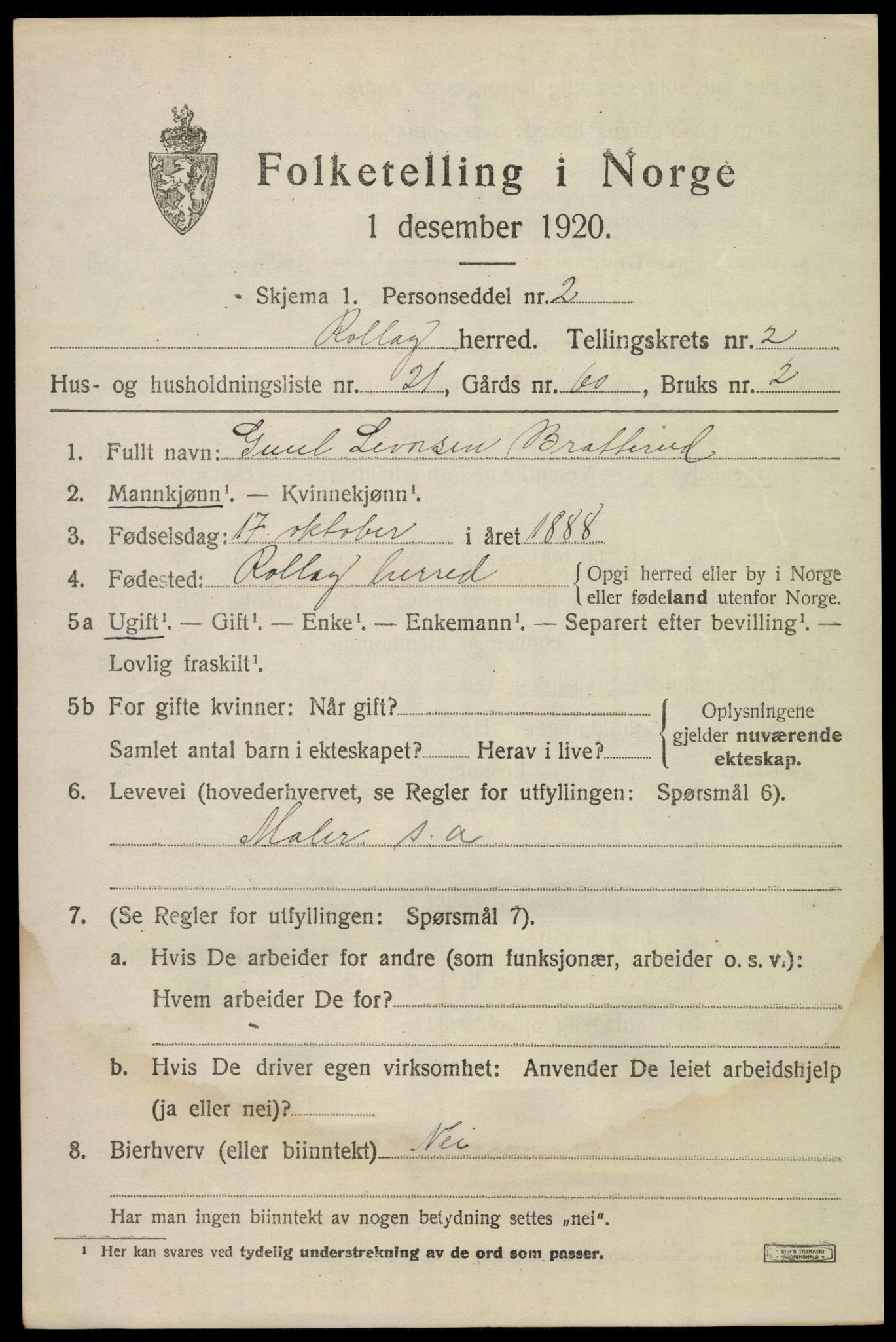 SAKO, 1920 census for Rollag, 1920, p. 1188