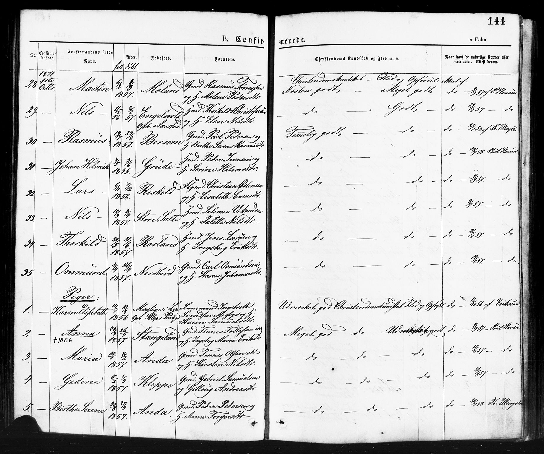 Klepp sokneprestkontor, SAST/A-101803/001/3/30BA/L0006: Parish register (official) no. A 6, 1871-1885, p. 144