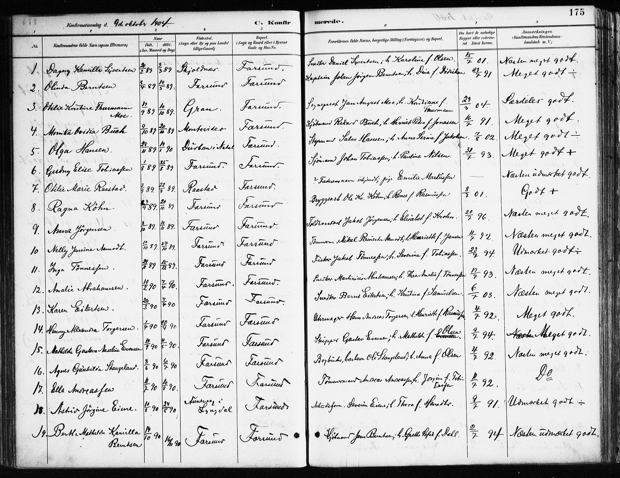Farsund sokneprestkontor, SAK/1111-0009/F/Fa/L0006: Parish register (official) no. A 6, 1887-1920, p. 175