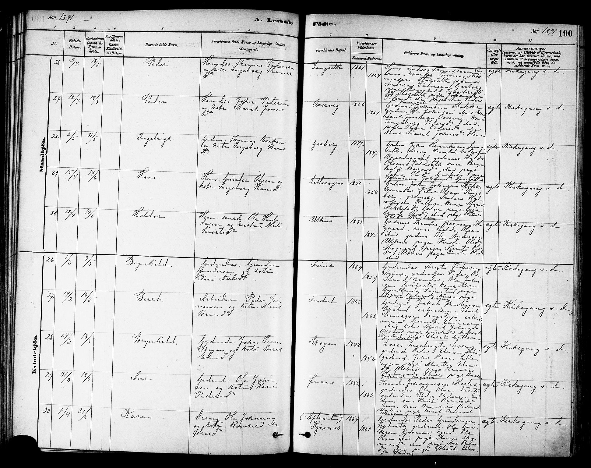 Ministerialprotokoller, klokkerbøker og fødselsregistre - Sør-Trøndelag, AV/SAT-A-1456/695/L1148: Parish register (official) no. 695A08, 1878-1891, p. 190