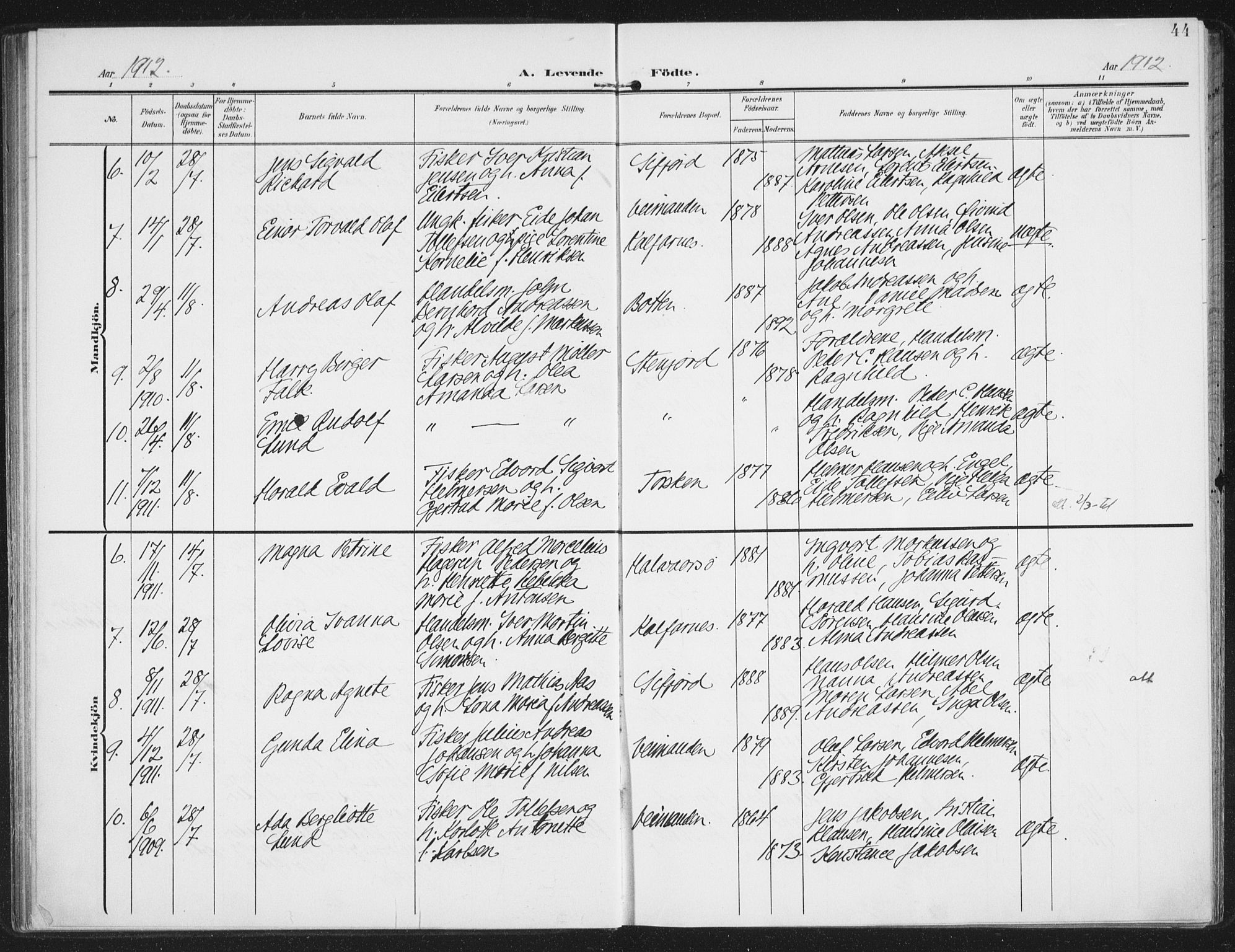 Berg sokneprestkontor, AV/SATØ-S-1318/G/Ga/Gaa/L0008kirke: Parish register (official) no. 8, 1904-1916, p. 44