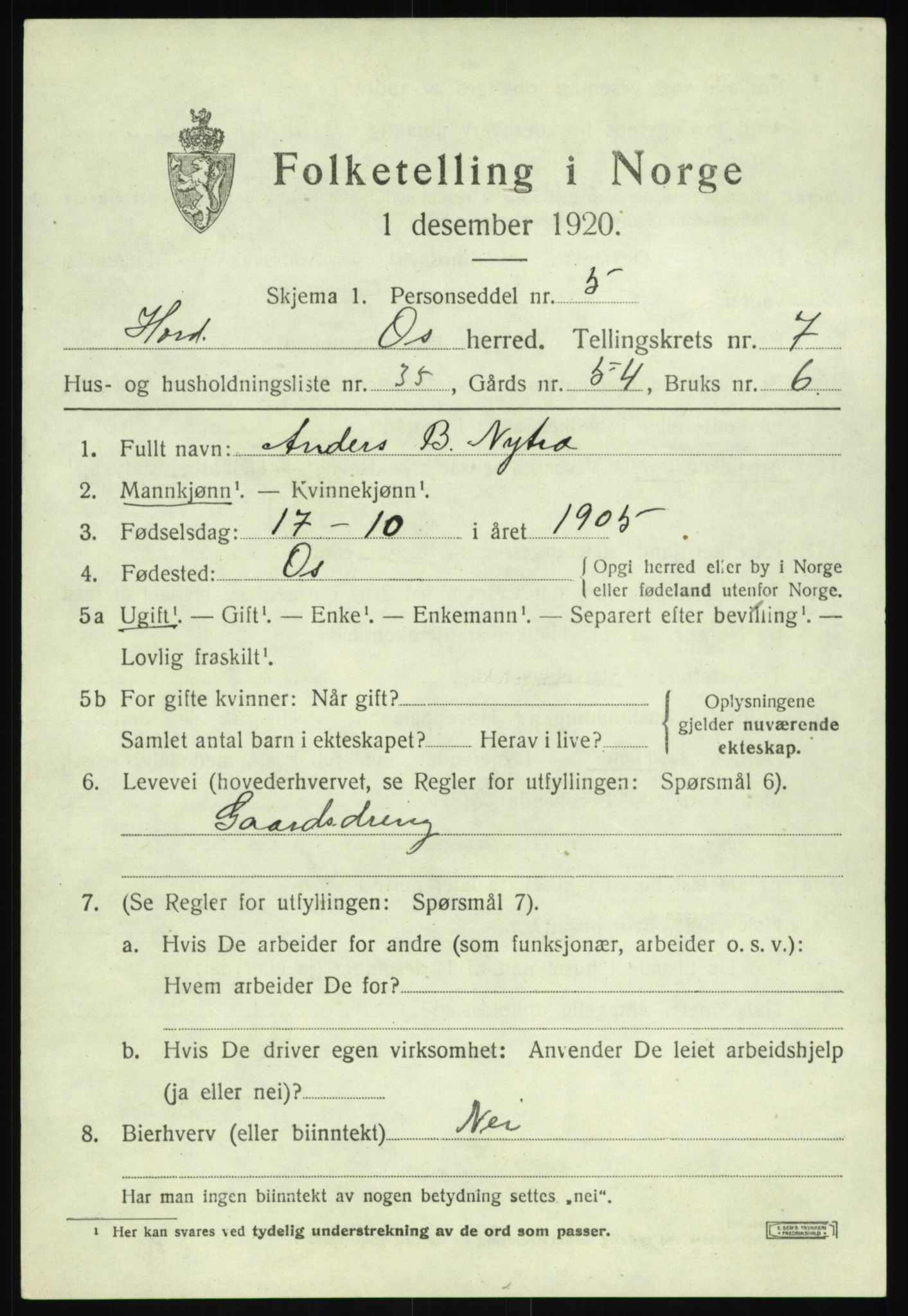 SAB, 1920 census for Os, 1920, p. 6198