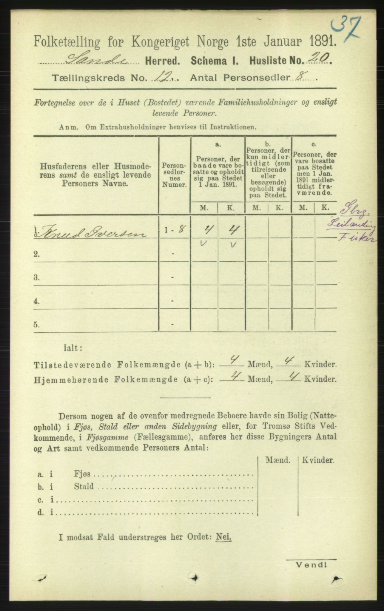 RA, 1891 census for 1514 Sande, 1891, p. 2228