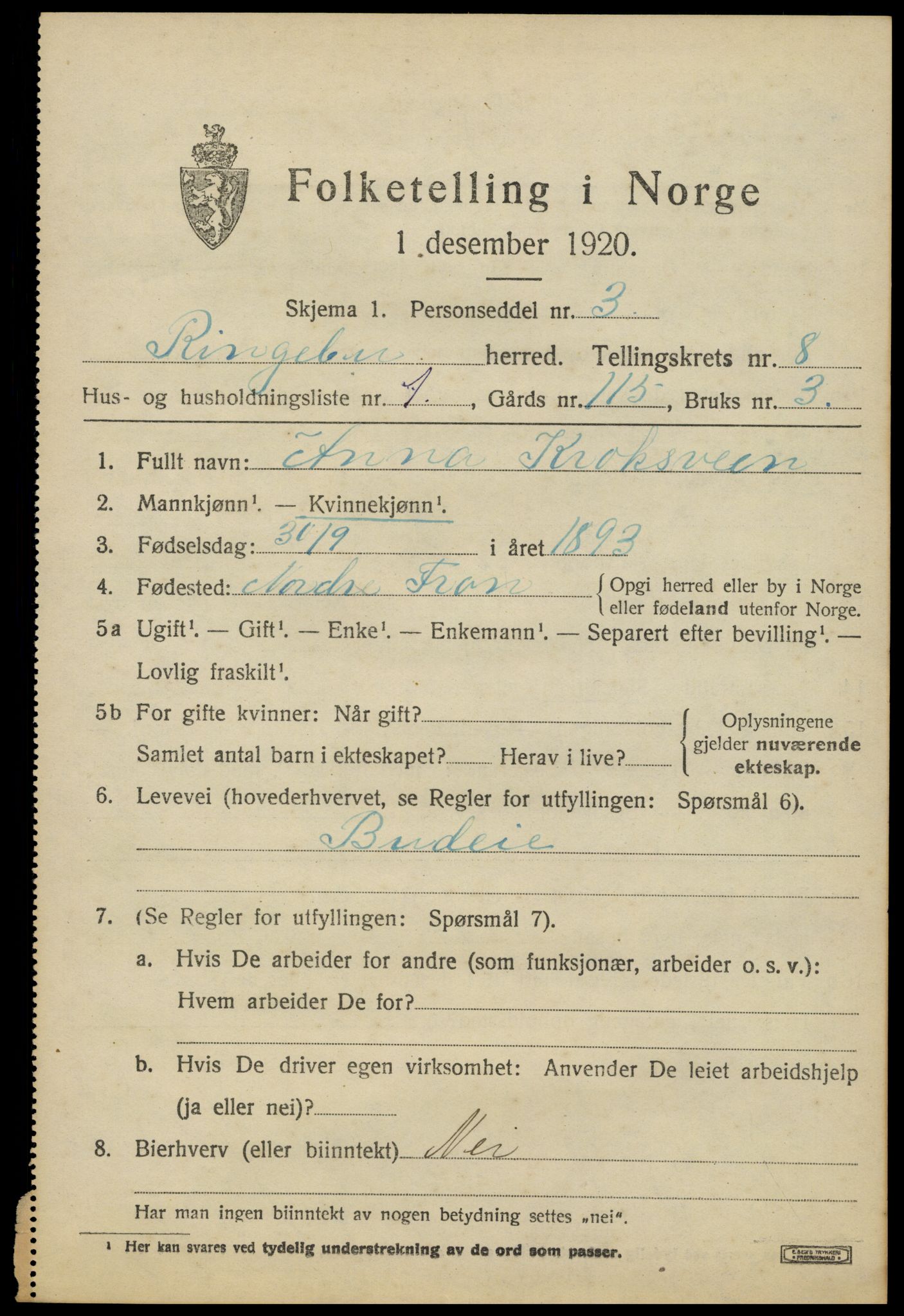 SAH, 1920 census for Ringebu, 1920, p. 8009