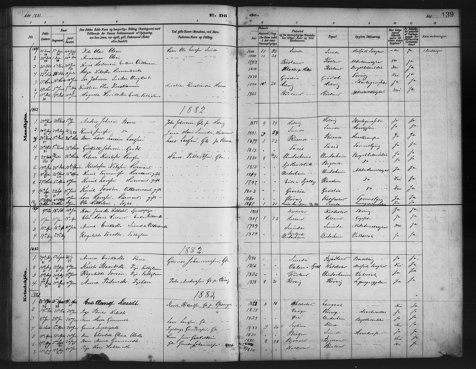 Husnes Sokneprestembete, SAB/A-75901/H/Hab: Parish register (copy) no. A 2, 1881-1917, p. 139
