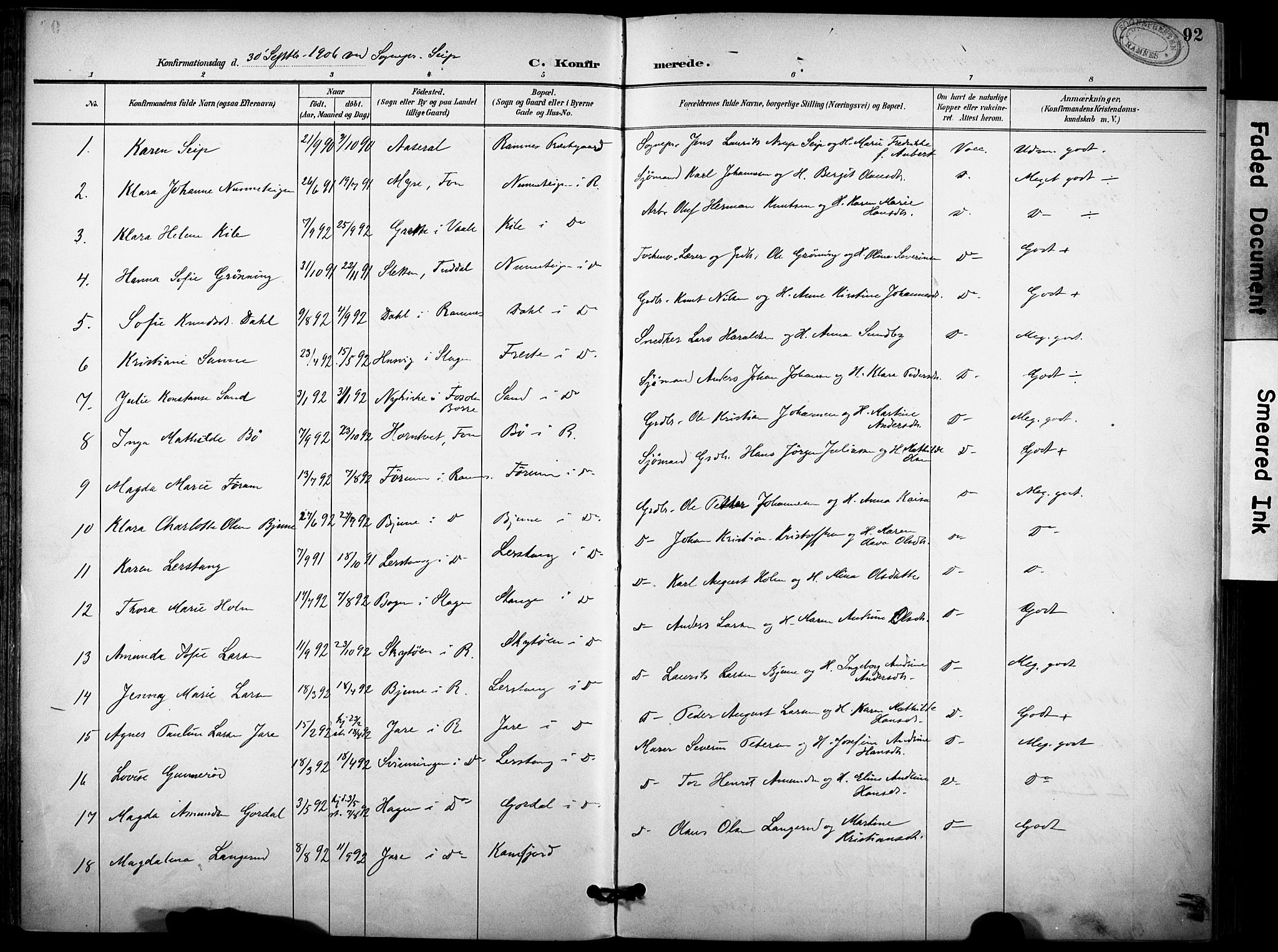 Ramnes kirkebøker, AV/SAKO-A-314/F/Fa/L0008: Parish register (official) no. I 8, 1896-1913, p. 92