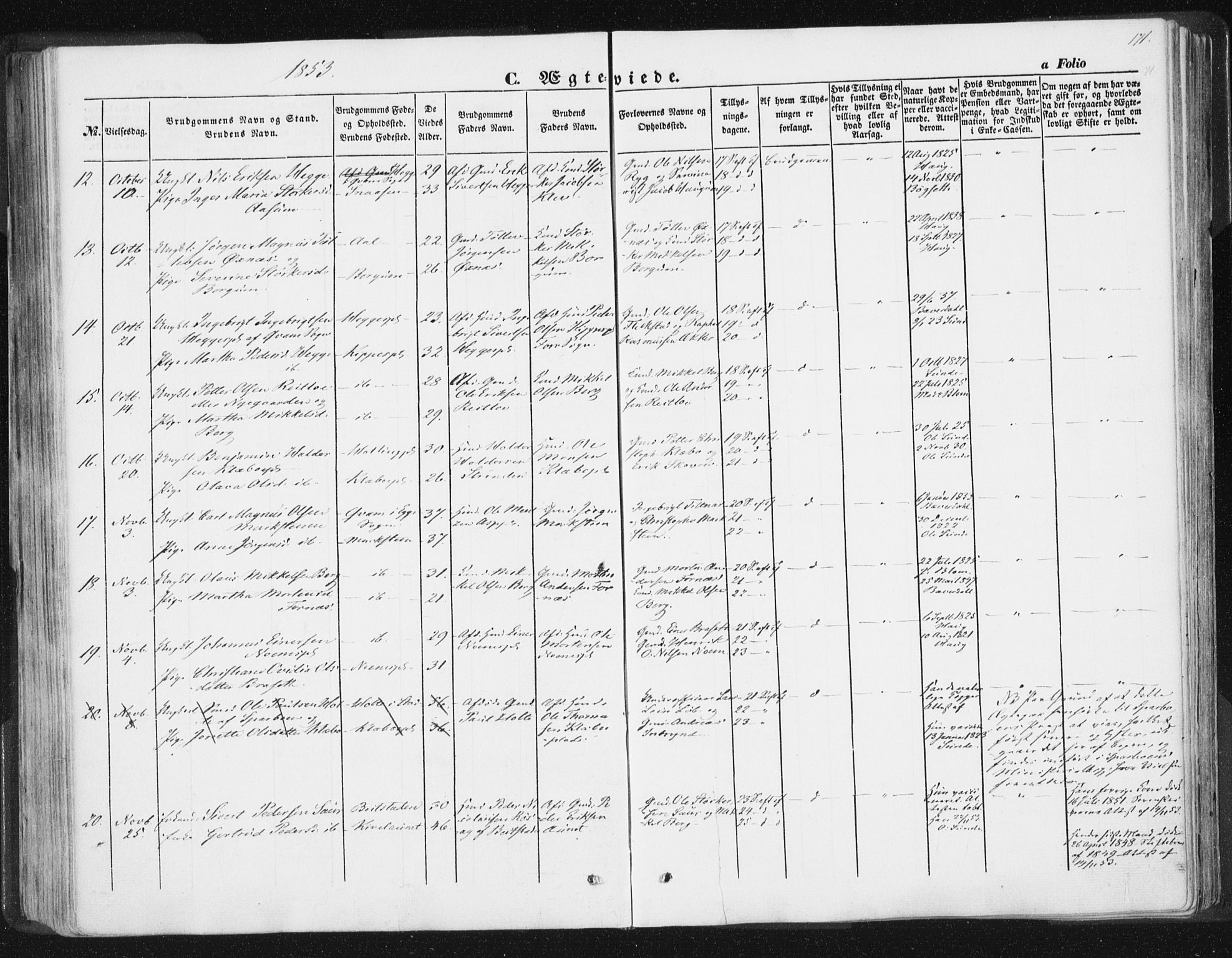Ministerialprotokoller, klokkerbøker og fødselsregistre - Nord-Trøndelag, SAT/A-1458/746/L0446: Parish register (official) no. 746A05, 1846-1859, p. 171