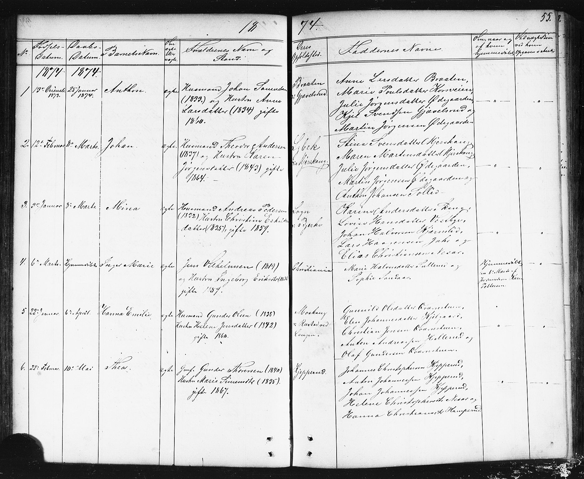 Enebakk prestekontor Kirkebøker, SAO/A-10171c/G/Gb/L0001: Parish register (copy) no. II 1, 1859-1890, p. 55