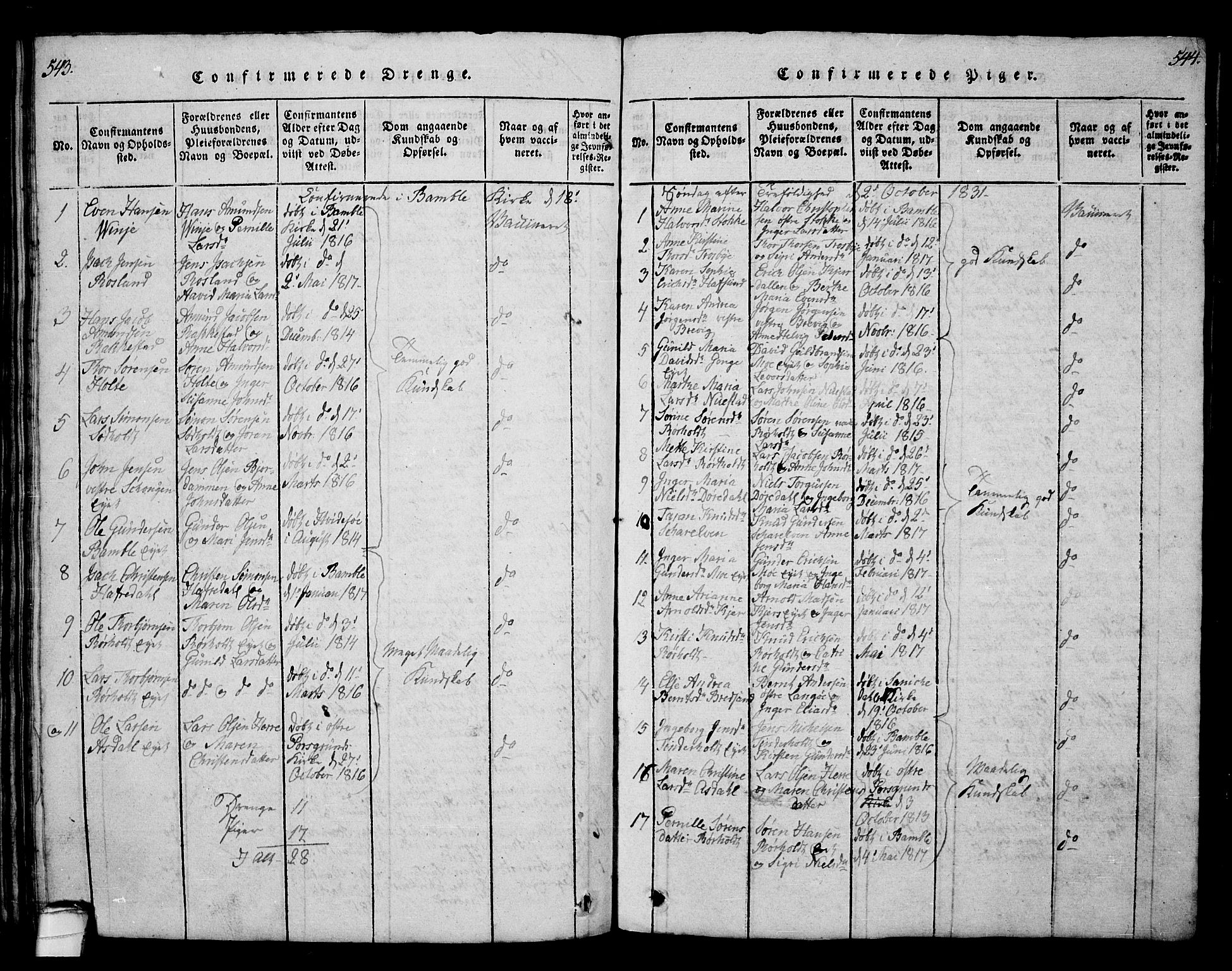 Bamble kirkebøker, SAKO/A-253/G/Ga/L0005: Parish register (copy) no. I 5, 1814-1855, p. 543-544