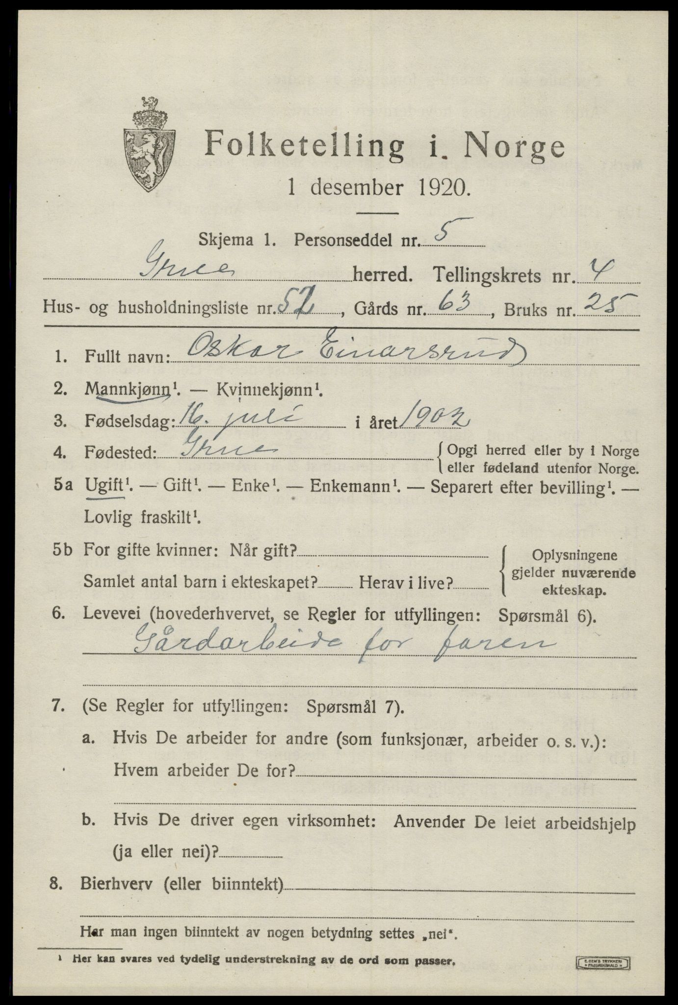 SAH, 1920 census for Grue, 1920, p. 4905