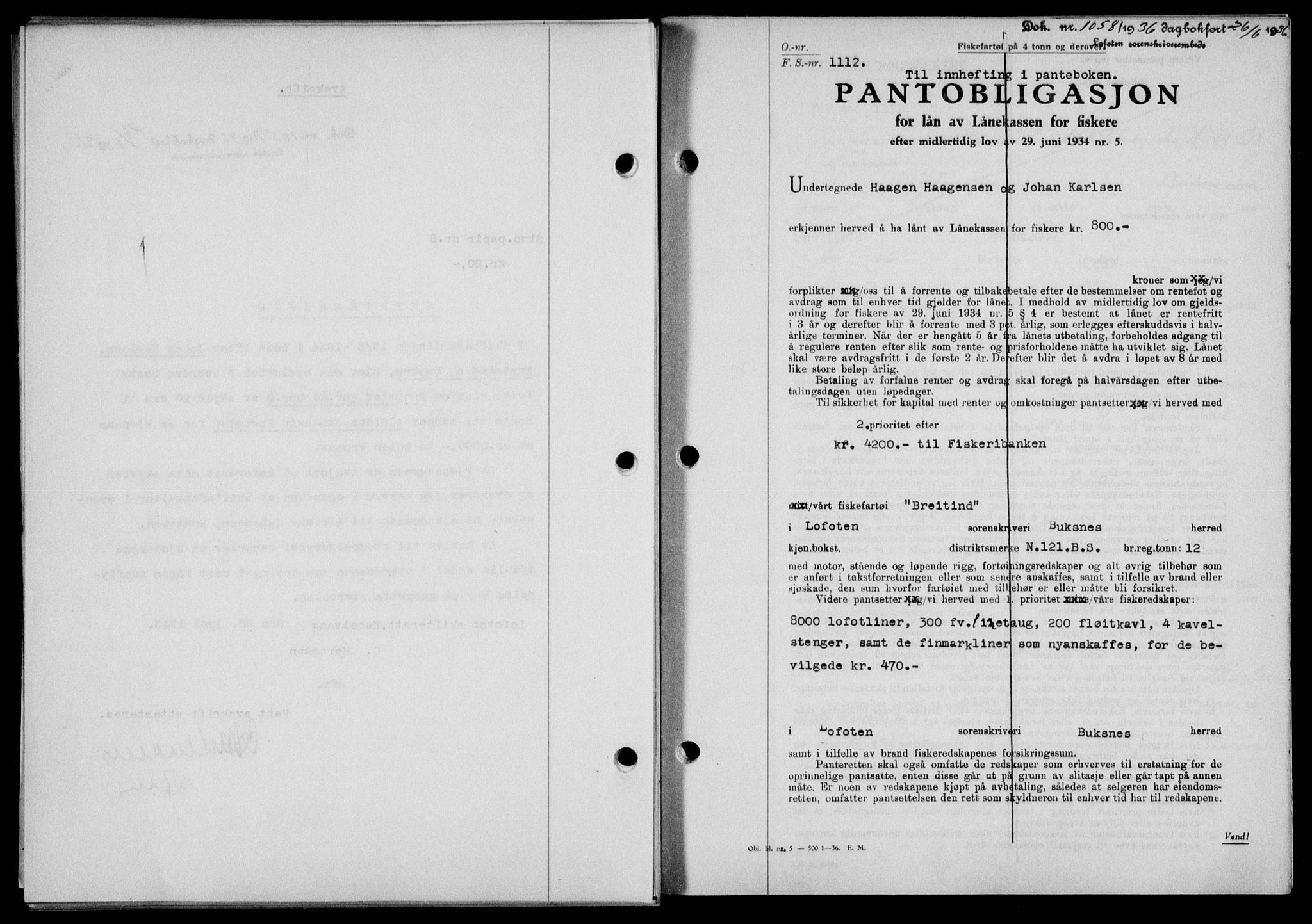 Lofoten sorenskriveri, SAT/A-0017/1/2/2C/L0033b: Mortgage book no. 33b, 1936-1936, Diary no: : 1058/1936