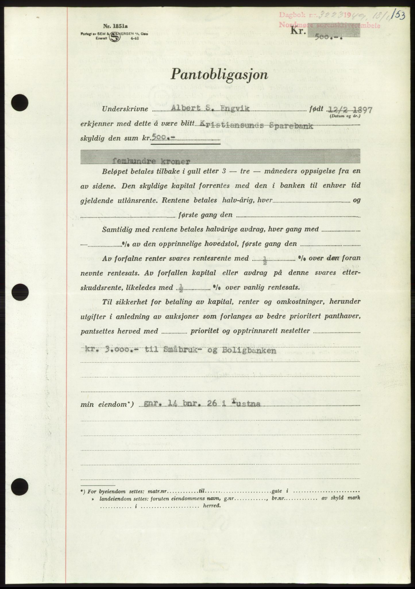 Nordmøre sorenskriveri, AV/SAT-A-4132/1/2/2Ca: Mortgage book no. B103, 1949-1950, Diary no: : 3223/1949