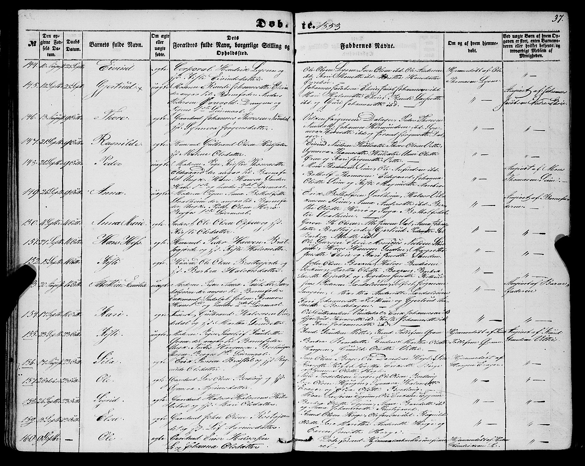 Lærdal sokneprestembete, SAB/A-81201: Parish register (official) no. A 11, 1850-1866, p. 37