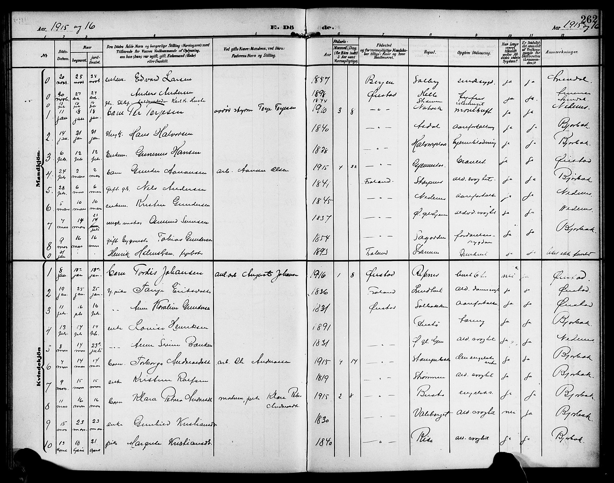 Øyestad sokneprestkontor, AV/SAK-1111-0049/F/Fb/L0011: Parish register (copy) no. B 11, 1906-1918, p. 262