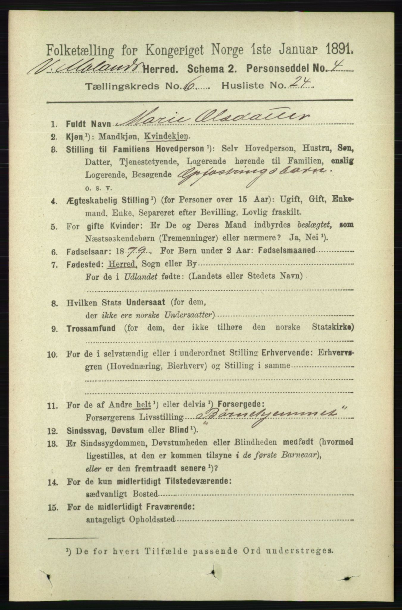 RA, 1891 census for 0926 Vestre Moland, 1891, p. 2461