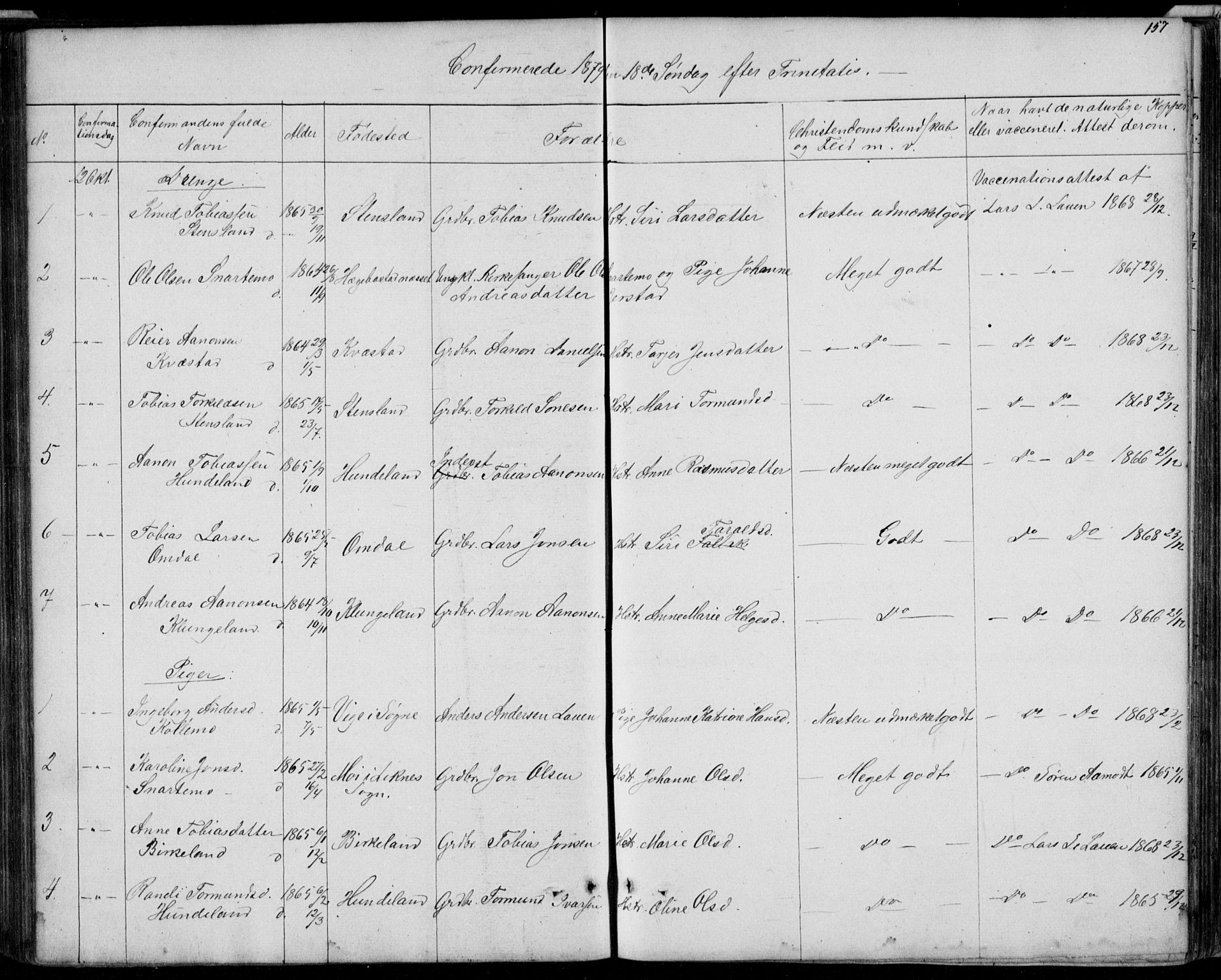 Hægebostad sokneprestkontor, SAK/1111-0024/F/Fb/Fba/L0002: Parish register (copy) no. B 2, 1851-1882, p. 157