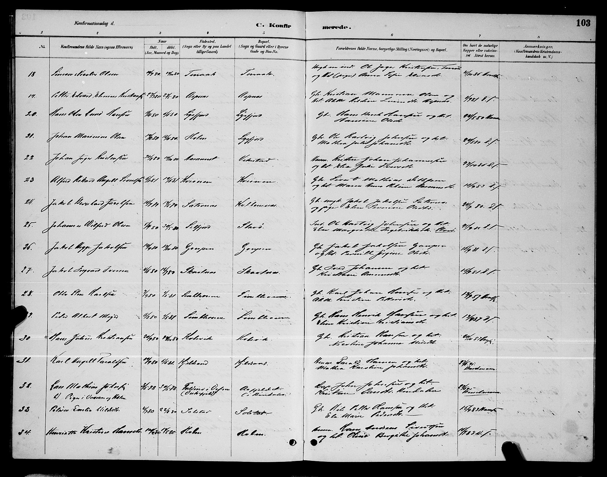 Ministerialprotokoller, klokkerbøker og fødselsregistre - Nordland, SAT/A-1459/810/L0160: Parish register (copy) no. 810C03, 1884-1896, p. 103