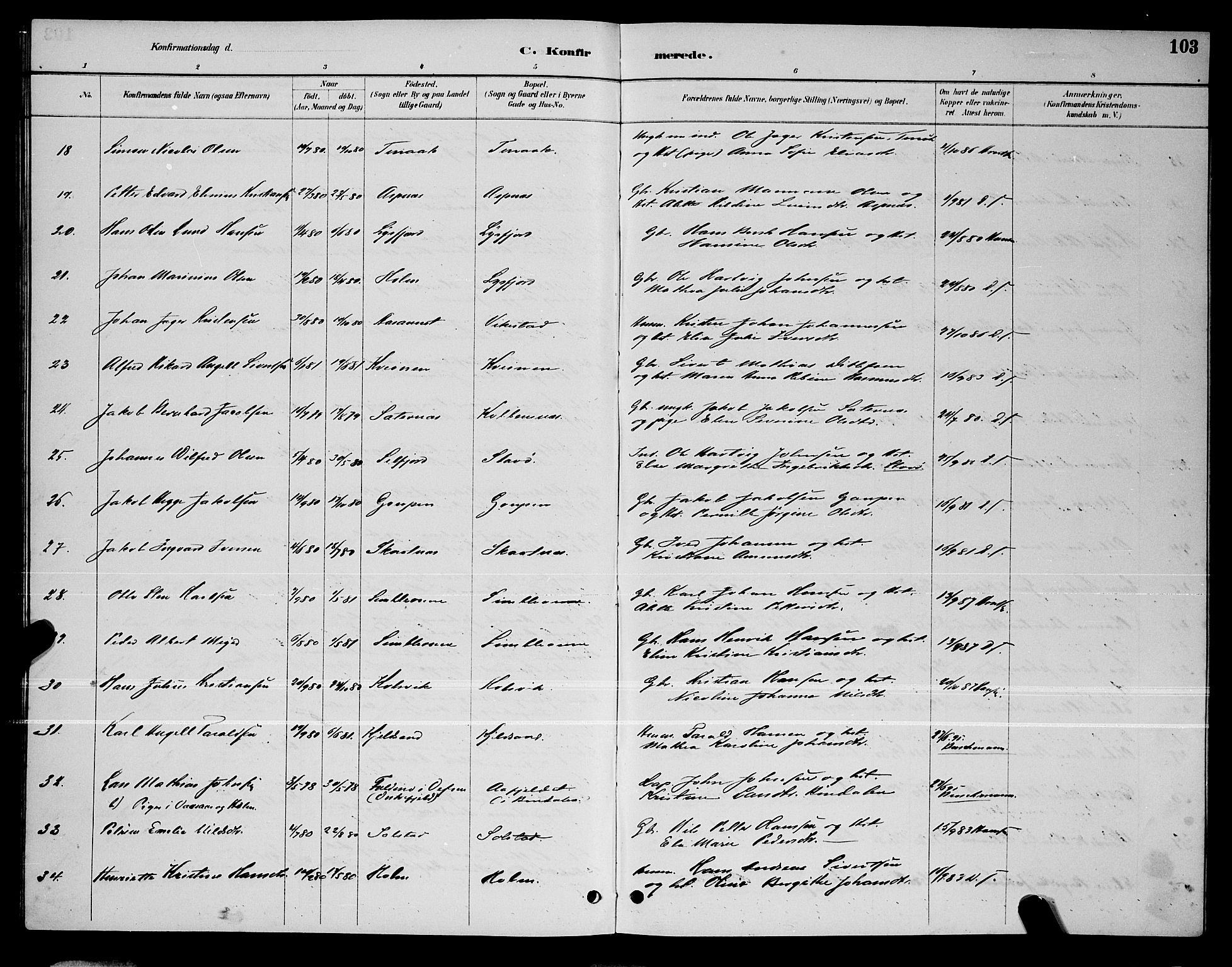 Ministerialprotokoller, klokkerbøker og fødselsregistre - Nordland, AV/SAT-A-1459/810/L0160: Parish register (copy) no. 810C03, 1884-1896, p. 103