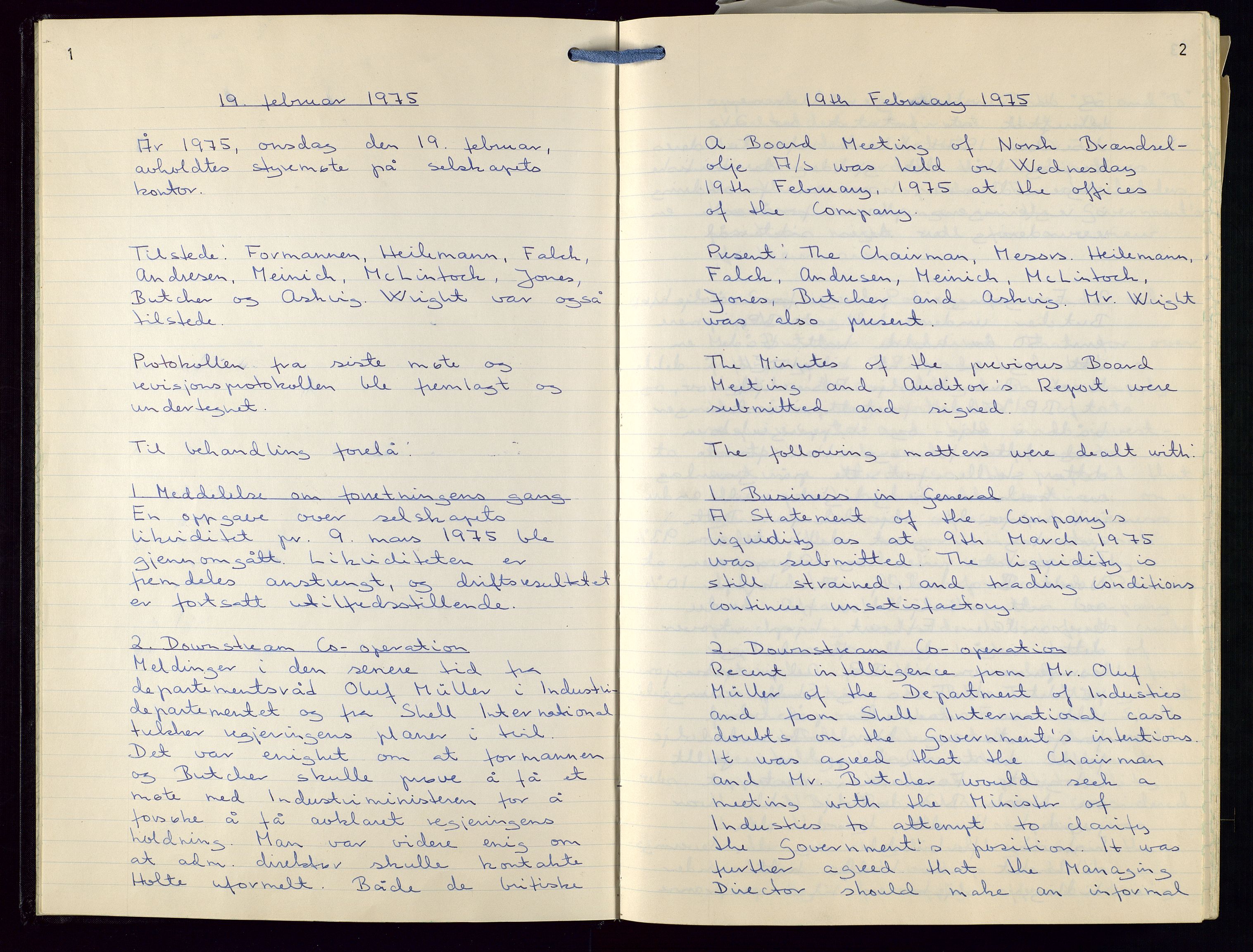 PA 1544 - Norsk Brændselolje A/S, AV/SAST-A-101965/1/A/Ab/L0004/0002: Direksjonsprotokoll: Norsk Brændselolje Bergen,  Norsk Brændselolje A/S   / Direksjonsprotokoll, 1975-1980, p. 1-2