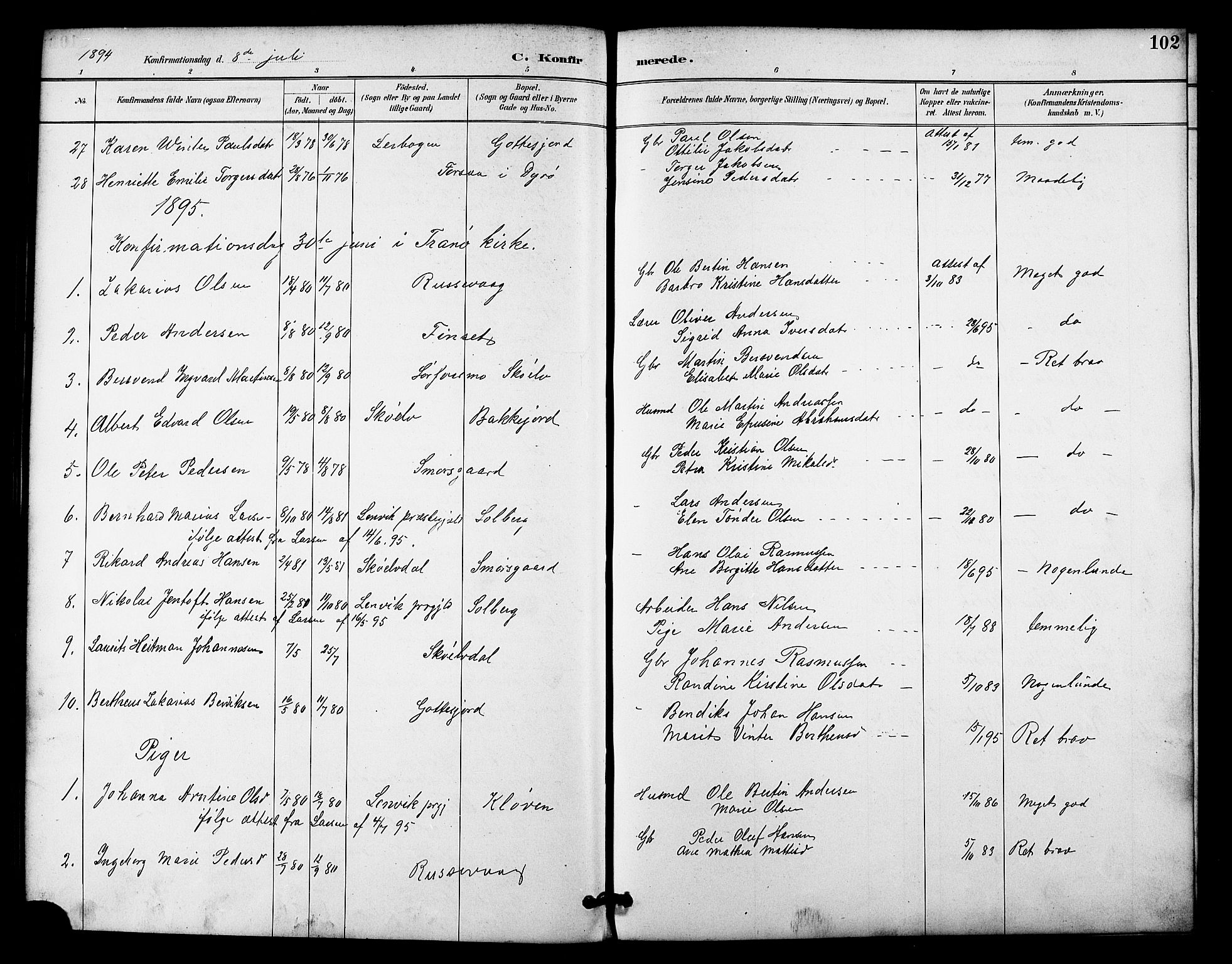 Tranøy sokneprestkontor, SATØ/S-1313/I/Ia/Iab/L0022klokker: Parish register (copy) no. 22, 1887-1912, p. 102