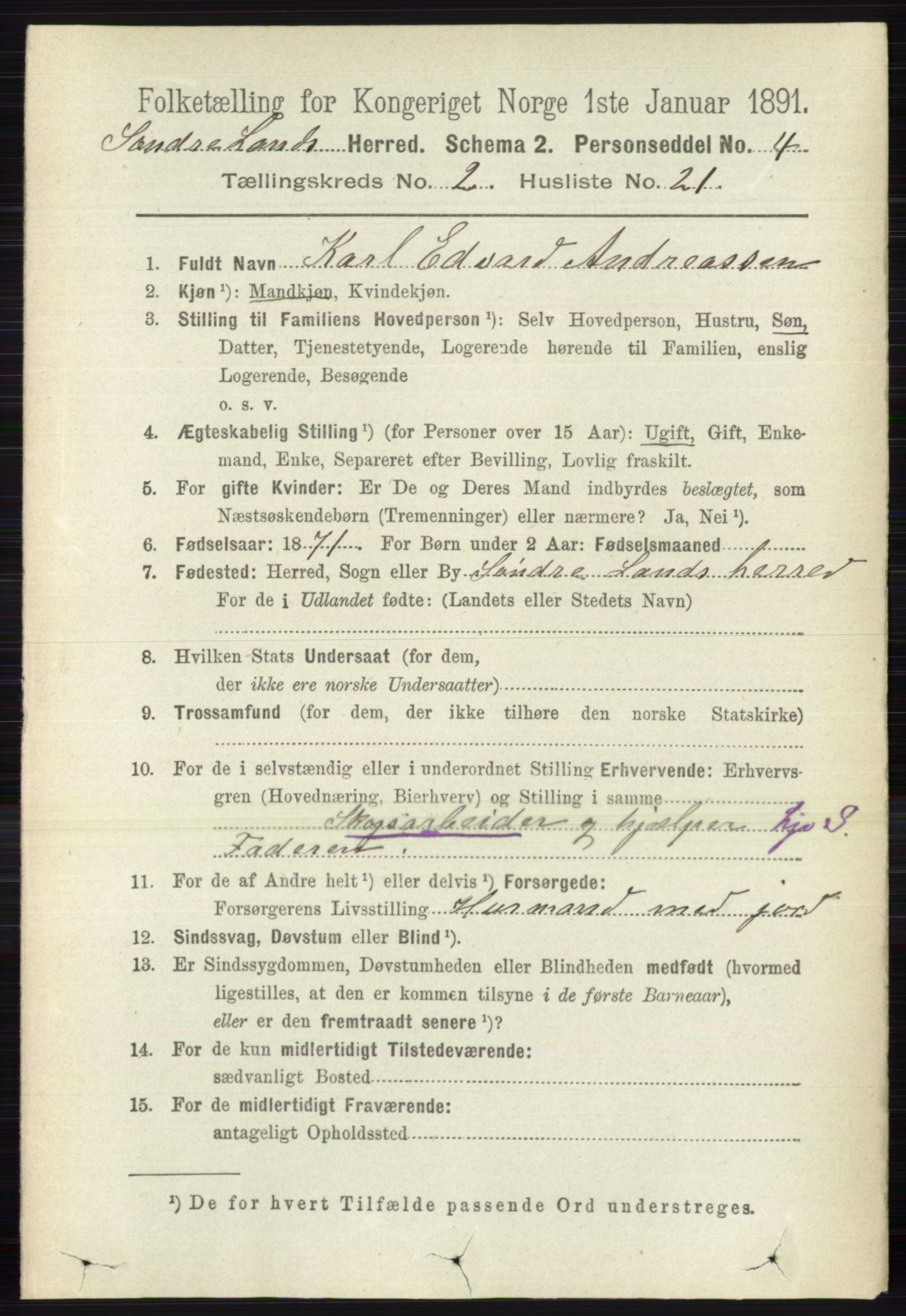 RA, 1891 census for 0536 Søndre Land, 1891, p. 1149