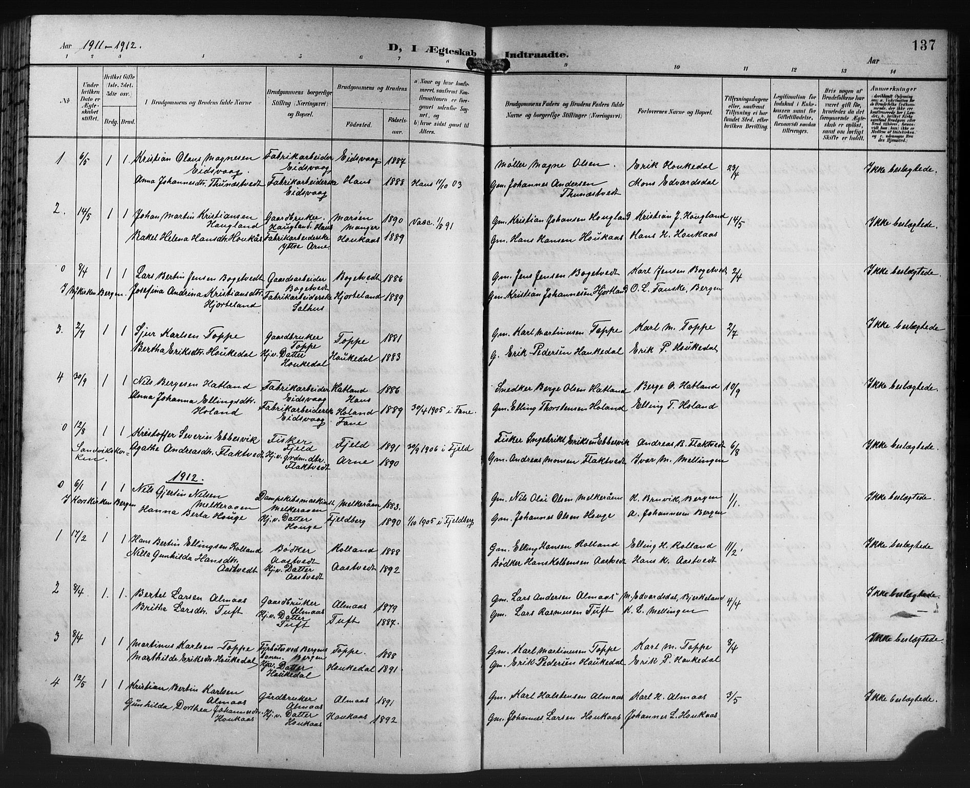 Åsane sokneprestembete, AV/SAB-A-79401/H/Hab: Parish register (copy) no. A 3, 1899-1915, p. 137