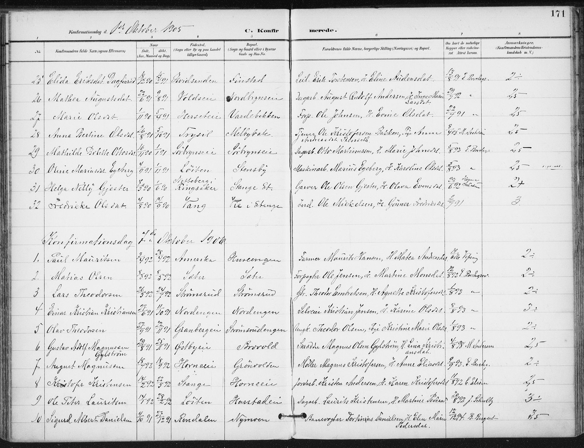 Romedal prestekontor, SAH/PREST-004/K/L0011: Parish register (official) no. 11, 1896-1912, p. 171