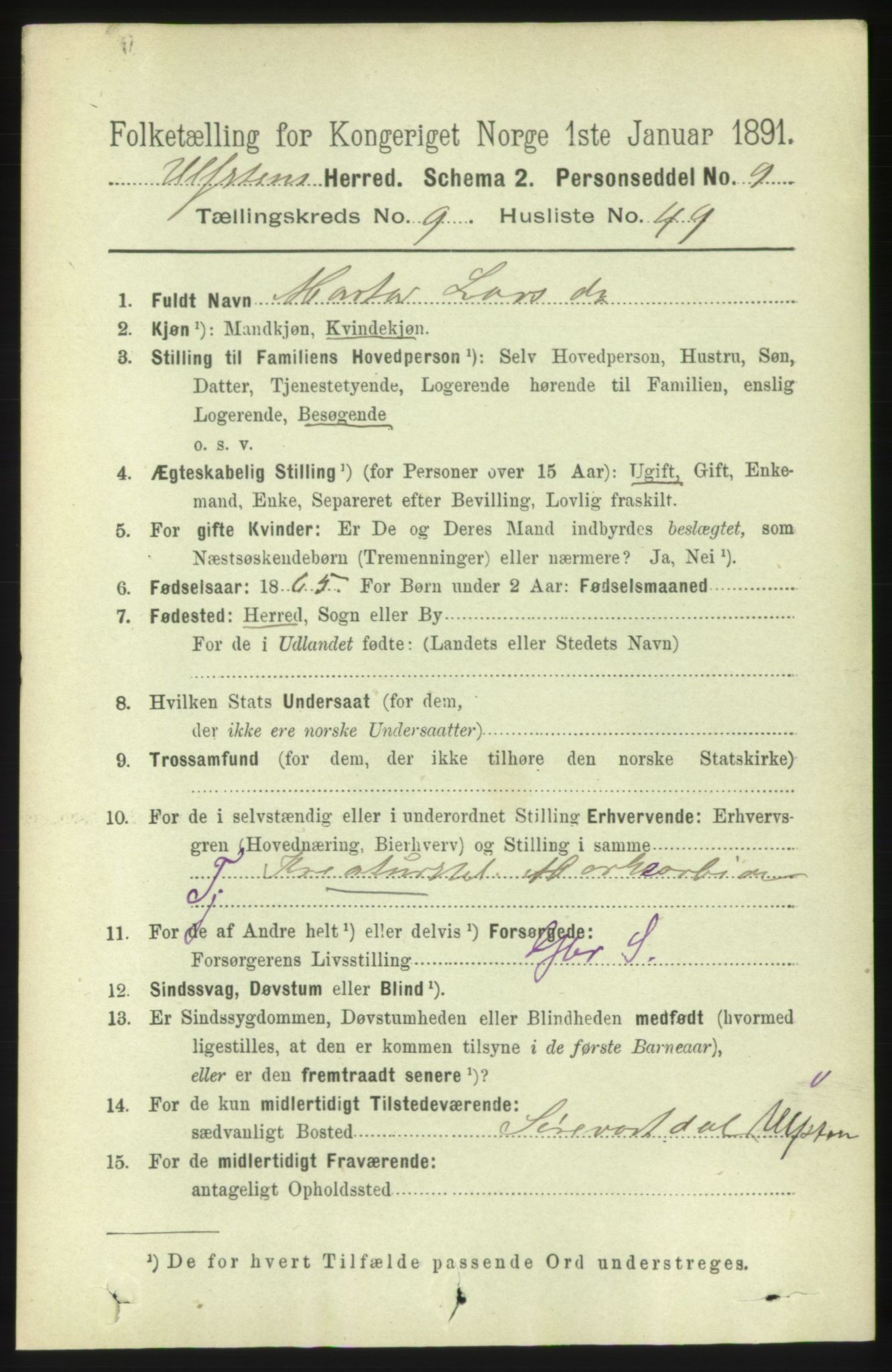 RA, 1891 census for 1516 Ulstein, 1891, p. 3109