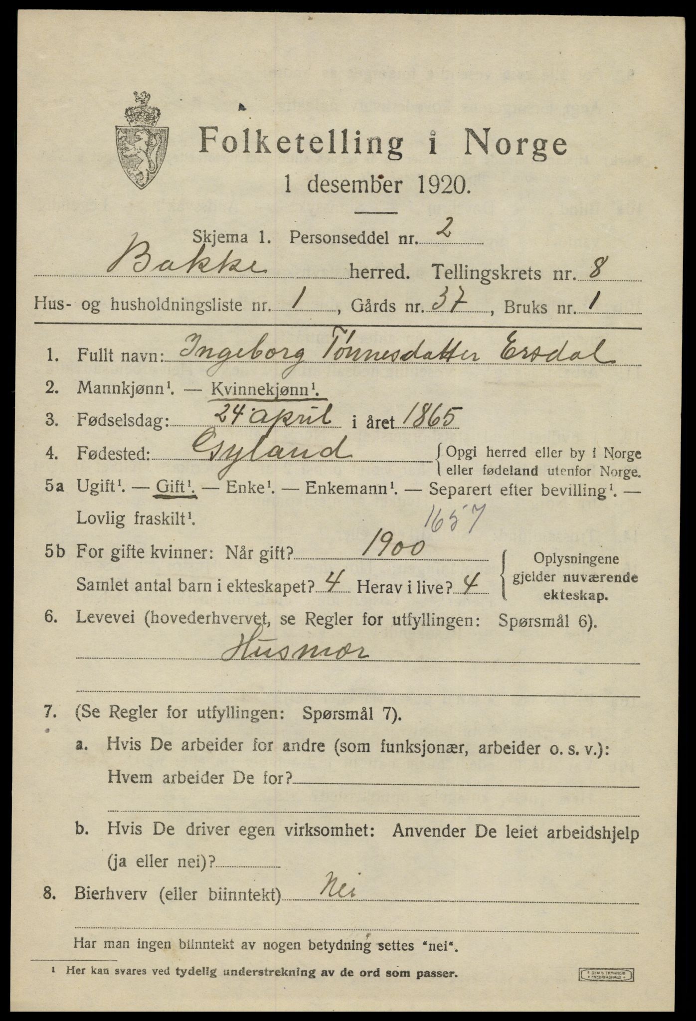 SAK, 1920 census for Bakke, 1920, p. 2378