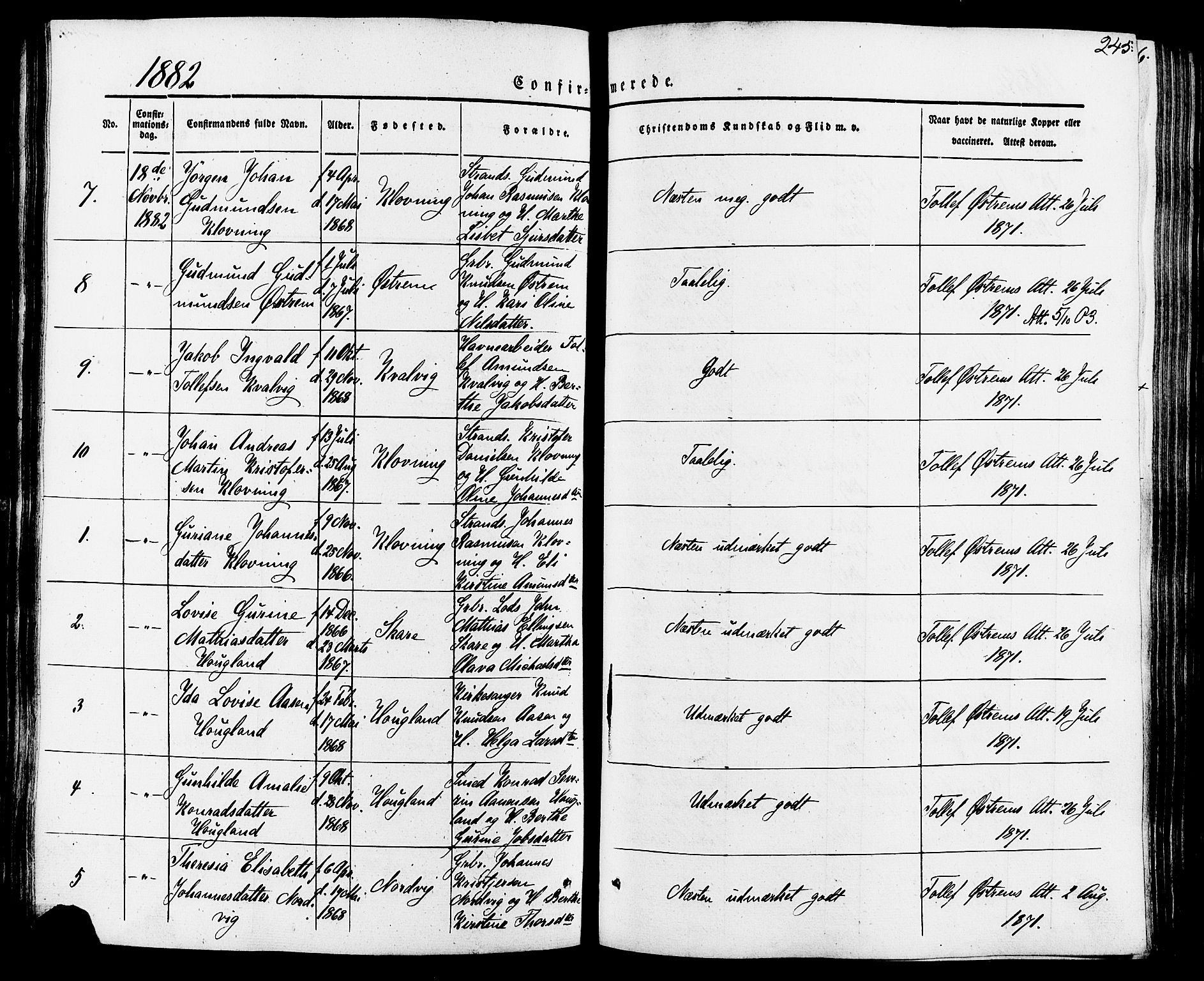 Torvastad sokneprestkontor, SAST/A -101857/H/Ha/Haa/L0007: Parish register (official) no. A 7, 1838-1882, p. 245