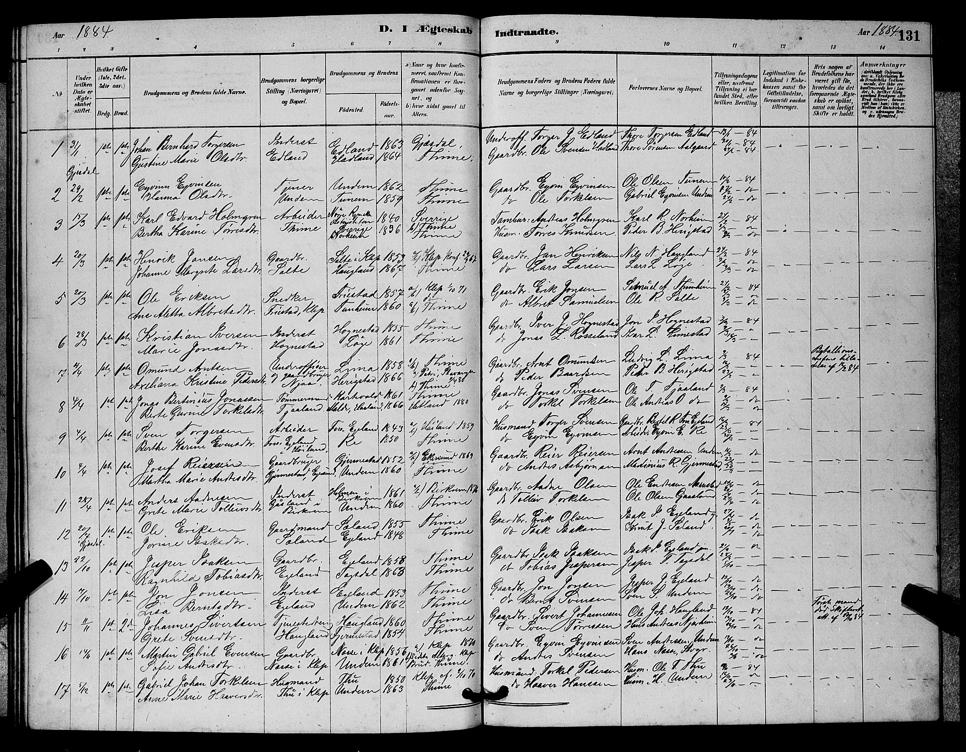 Lye sokneprestkontor, AV/SAST-A-101794/001/30BB/L0006: Parish register (copy) no. B 6, 1879-1888, p. 131