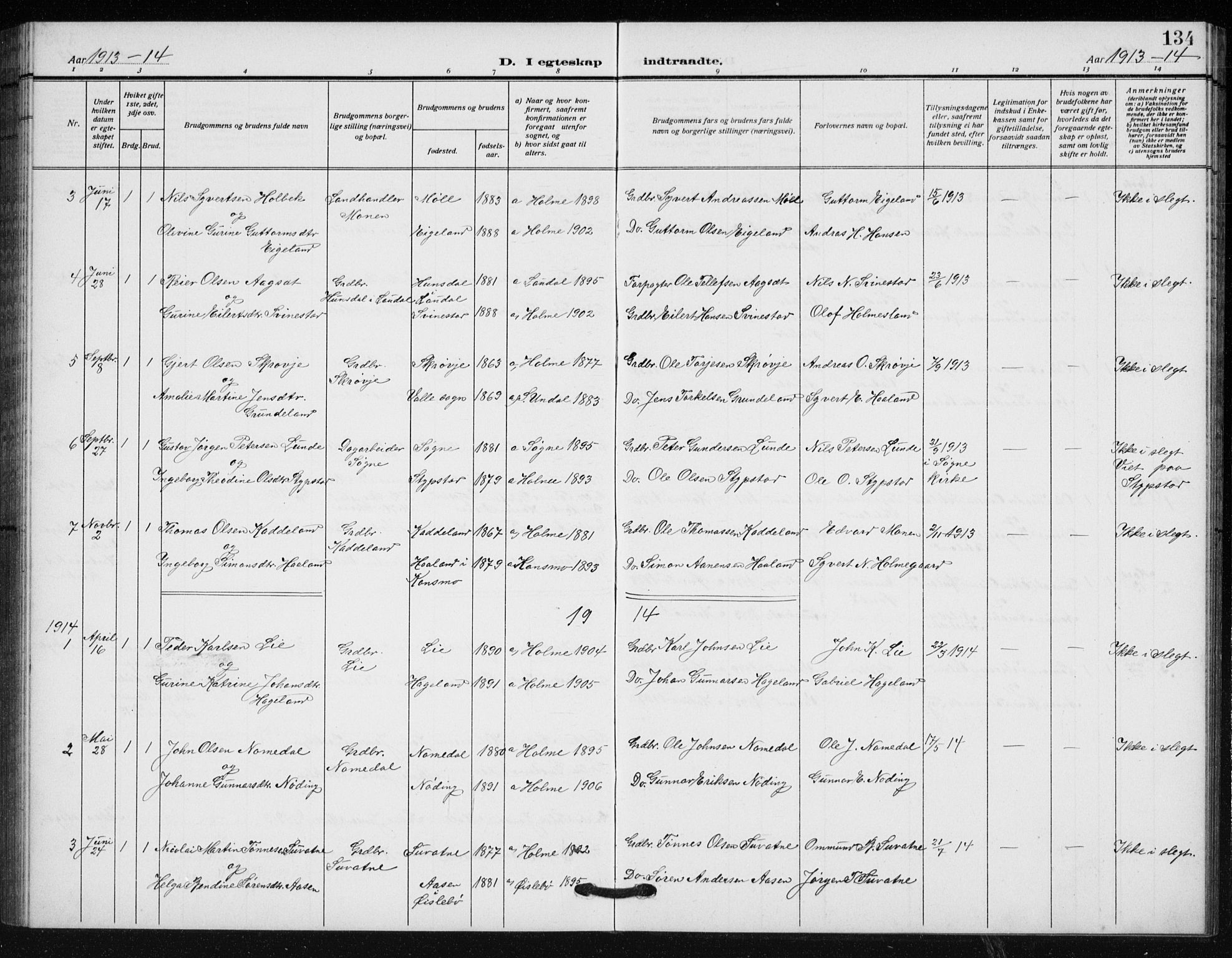 Holum sokneprestkontor, SAK/1111-0022/F/Fb/Fba/L0006: Parish register (copy) no. B 6, 1910-1936, p. 134