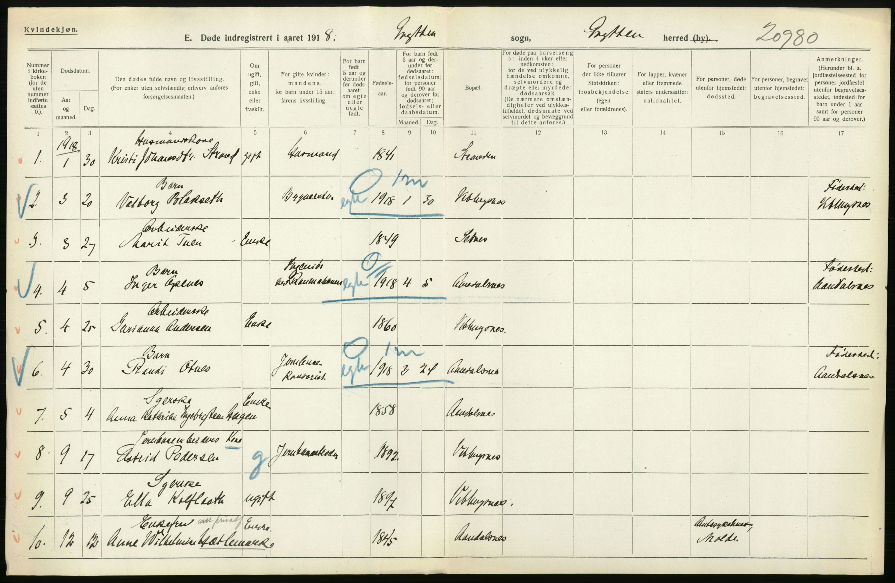 Statistisk sentralbyrå, Sosiodemografiske emner, Befolkning, AV/RA-S-2228/D/Df/Dfb/Dfbh/L0045: Møre fylke: Døde. Bygder og byer., 1918, p. 138