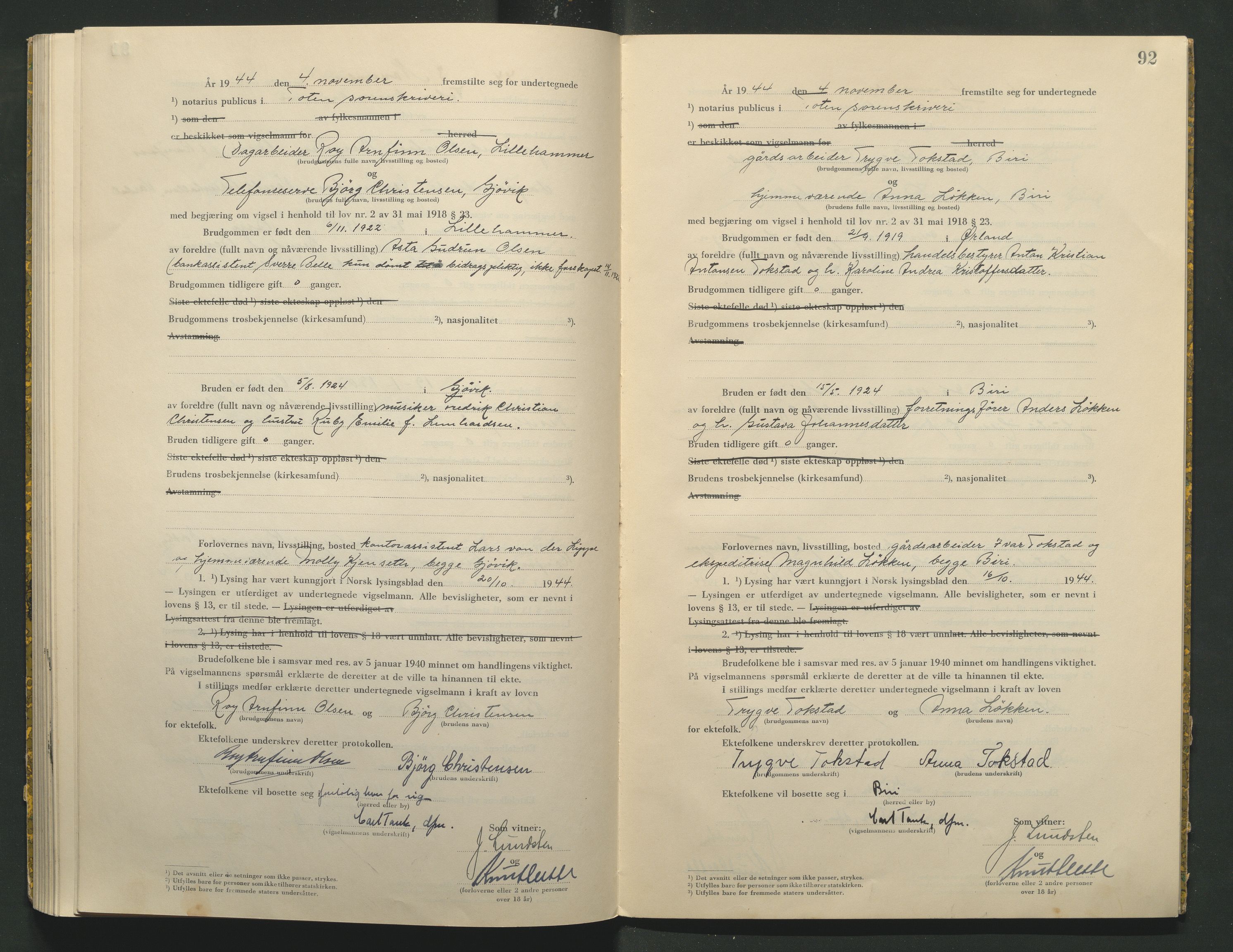 Toten tingrett, AV/SAH-TING-006/L/Lc/L0004: Vigselbok, 1944, p. 92