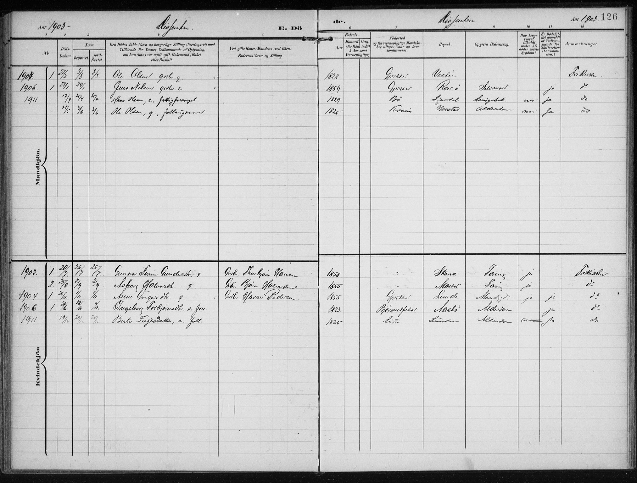 Gjerstad sokneprestkontor, AV/SAK-1111-0014/F/Fa/Faa/L0011: Parish register (official) no. A 11, 1903-1914, p. 126