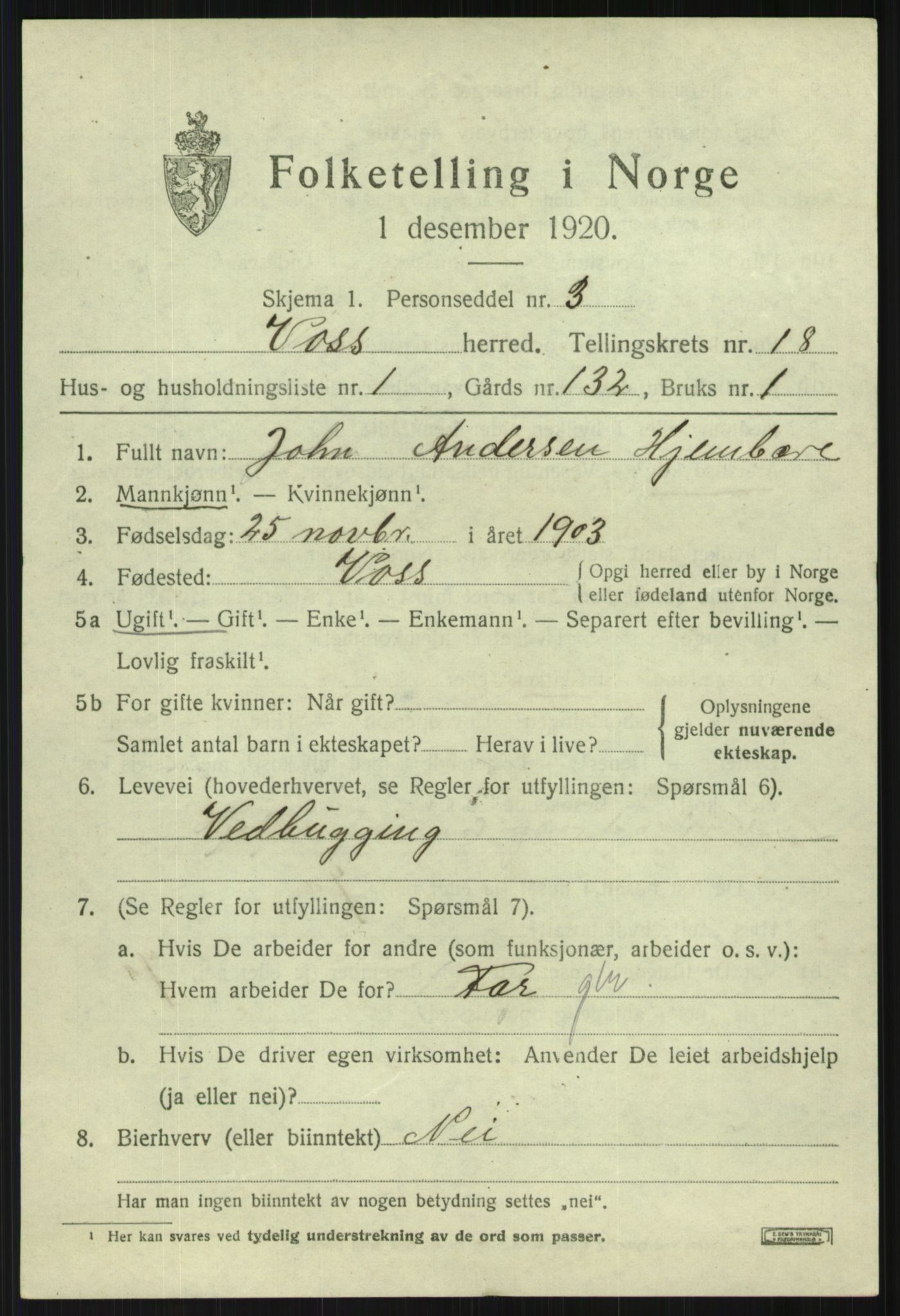 SAB, 1920 census for Voss, 1920, p. 13923