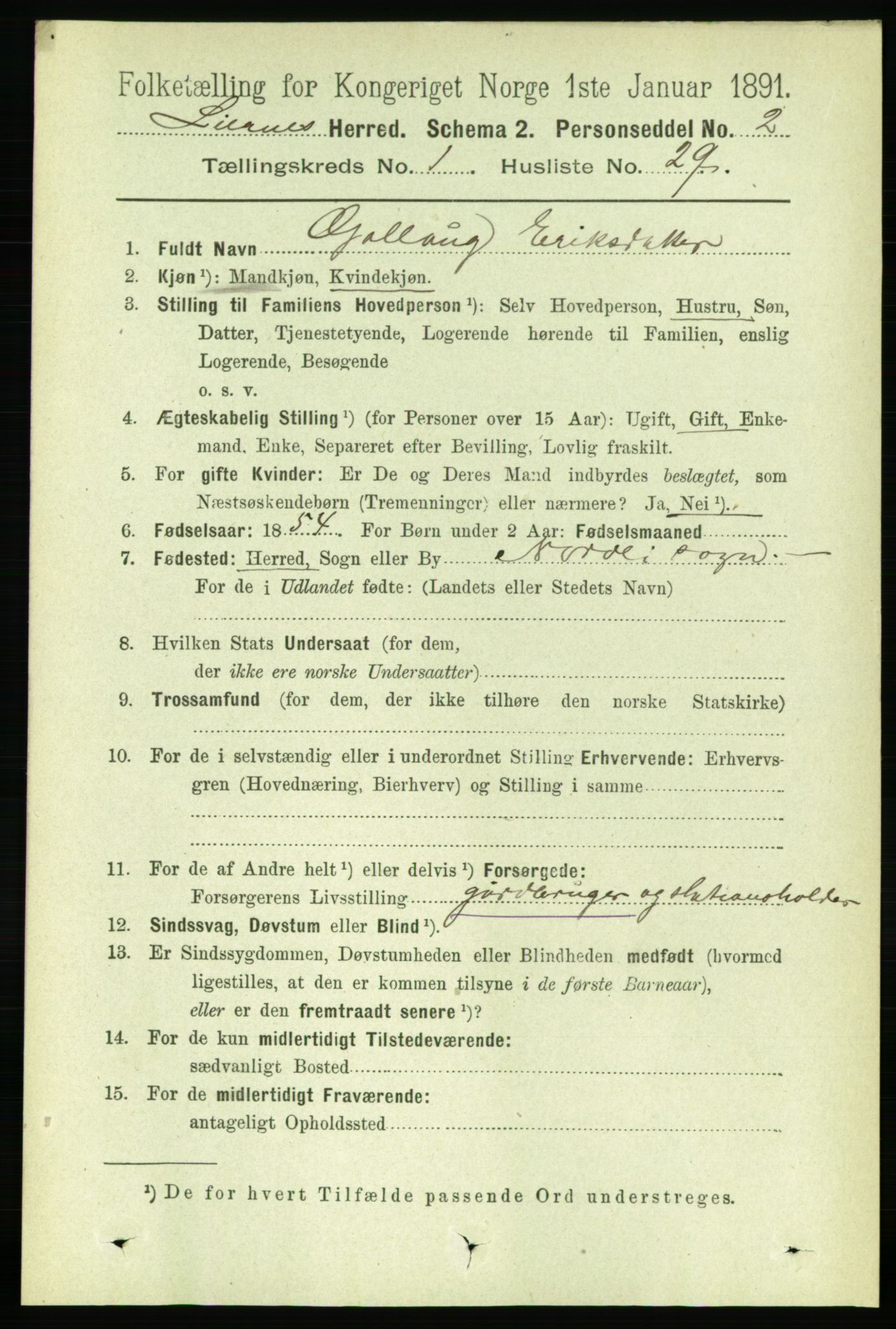 RA, 1891 census for 1737 Lierne, 1891, p. 285