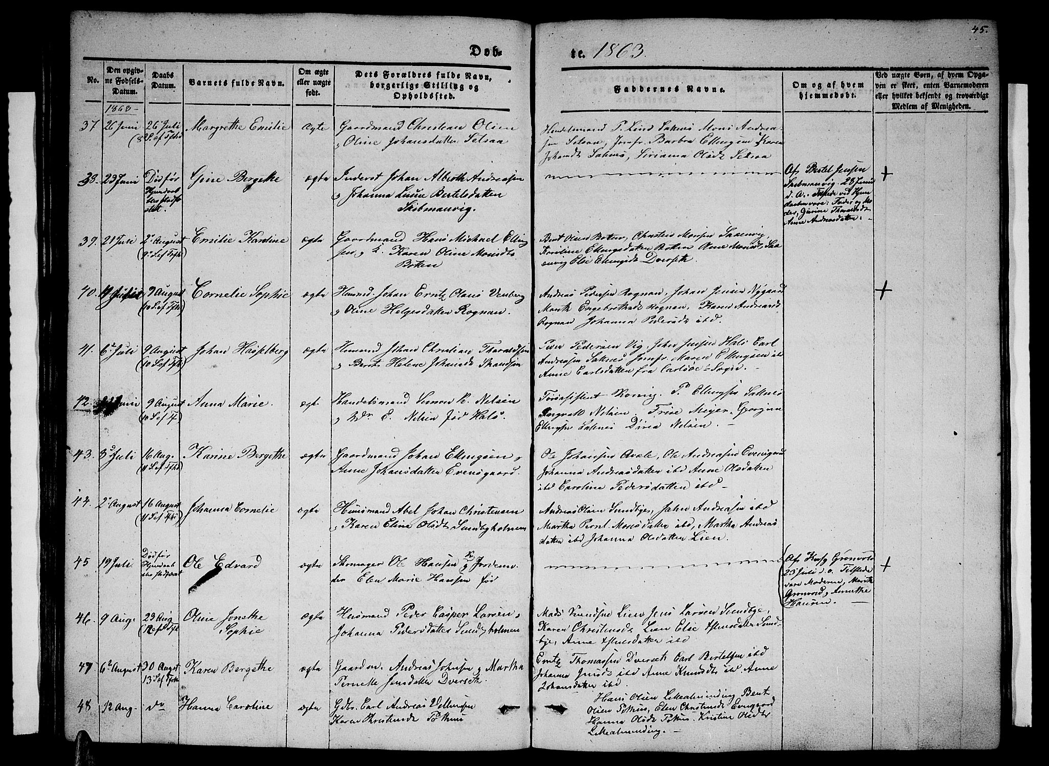 Ministerialprotokoller, klokkerbøker og fødselsregistre - Nordland, AV/SAT-A-1459/847/L0678: Parish register (copy) no. 847C06, 1854-1870, p. 45