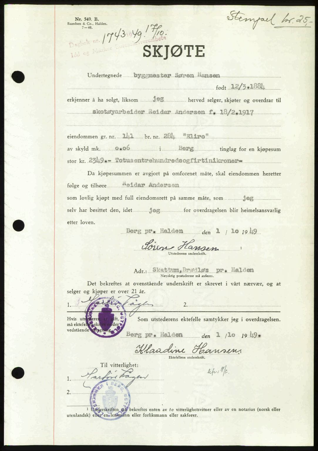 Idd og Marker sorenskriveri, AV/SAO-A-10283/G/Gb/Gbb/L0013: Mortgage book no. A13, 1949-1950, Diary no: : 1743/1949