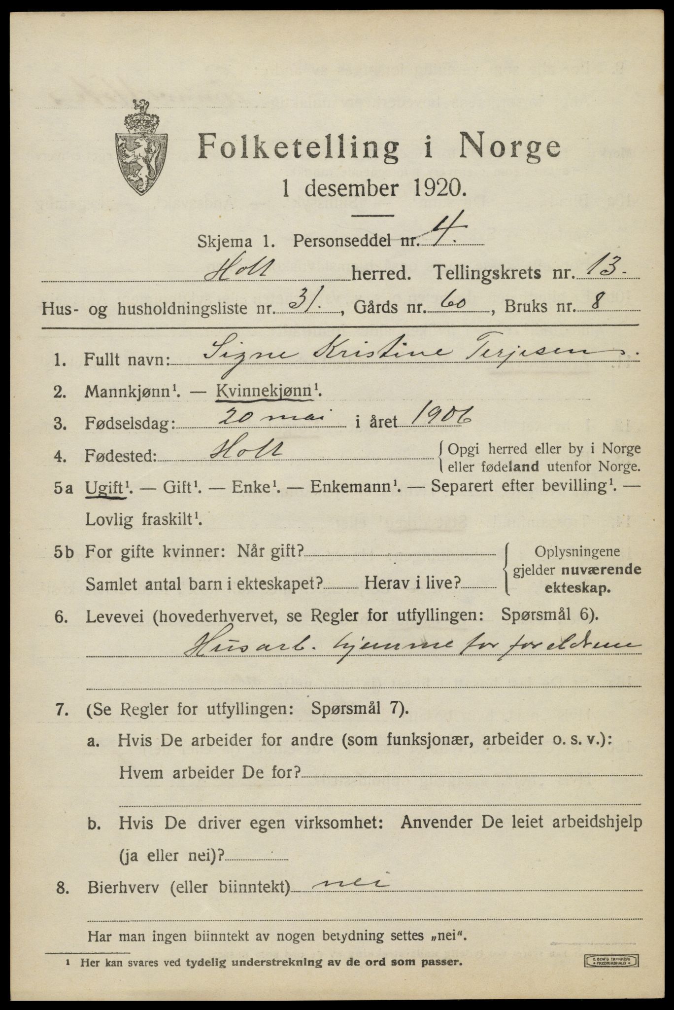 SAK, 1920 census for Holt, 1920, p. 7960