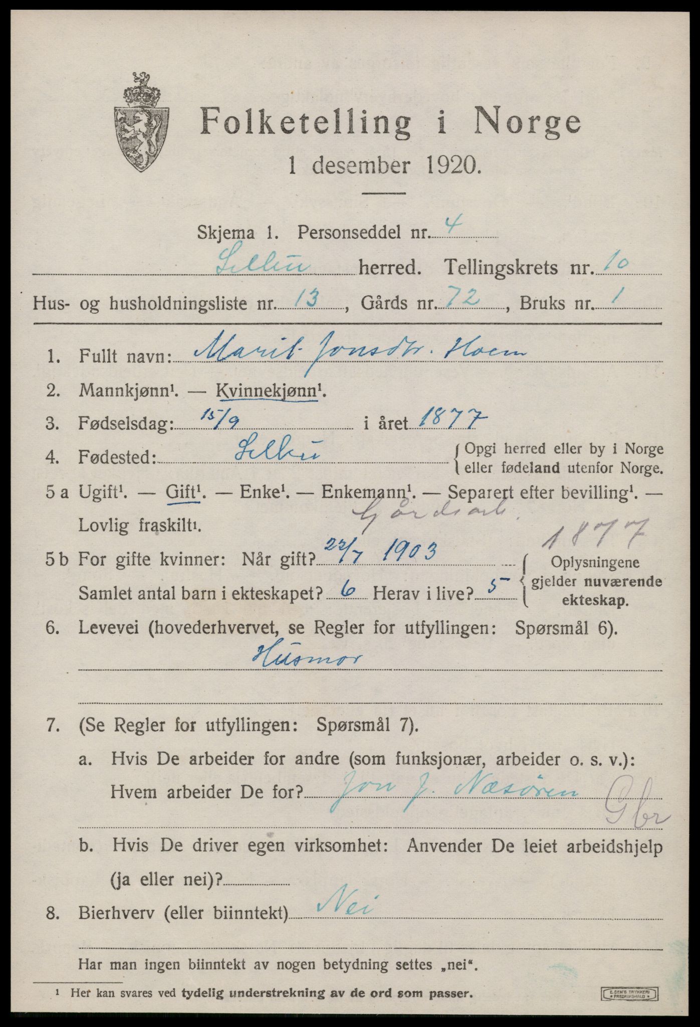 SAT, 1920 census for Selbu, 1920, p. 5880