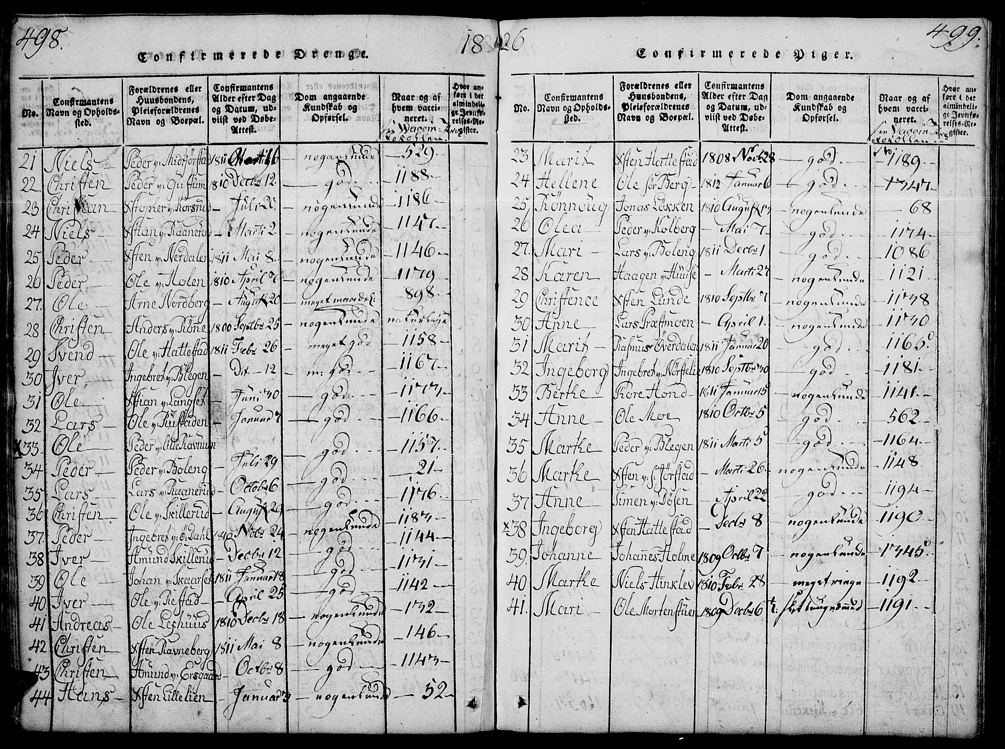 Fåberg prestekontor, SAH/PREST-086/H/Ha/Hab/L0004: Parish register (copy) no. 4, 1818-1837, p. 498-499
