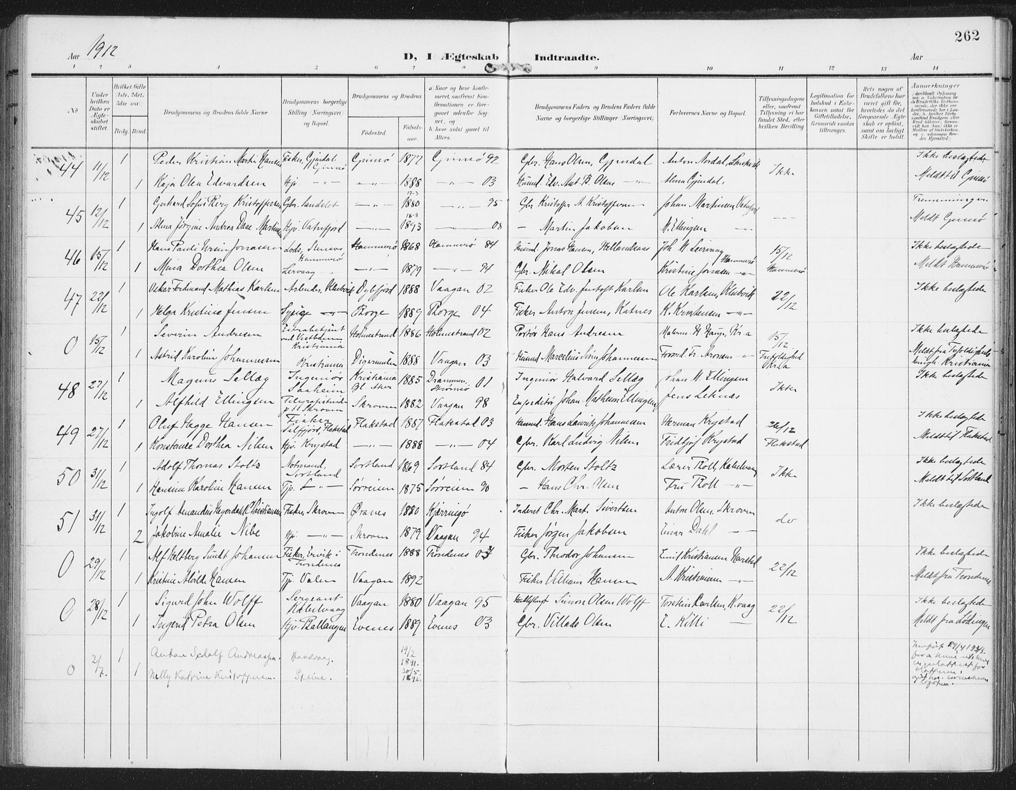 Ministerialprotokoller, klokkerbøker og fødselsregistre - Nordland, AV/SAT-A-1459/874/L1063: Parish register (official) no. 874A07, 1907-1915, p. 262