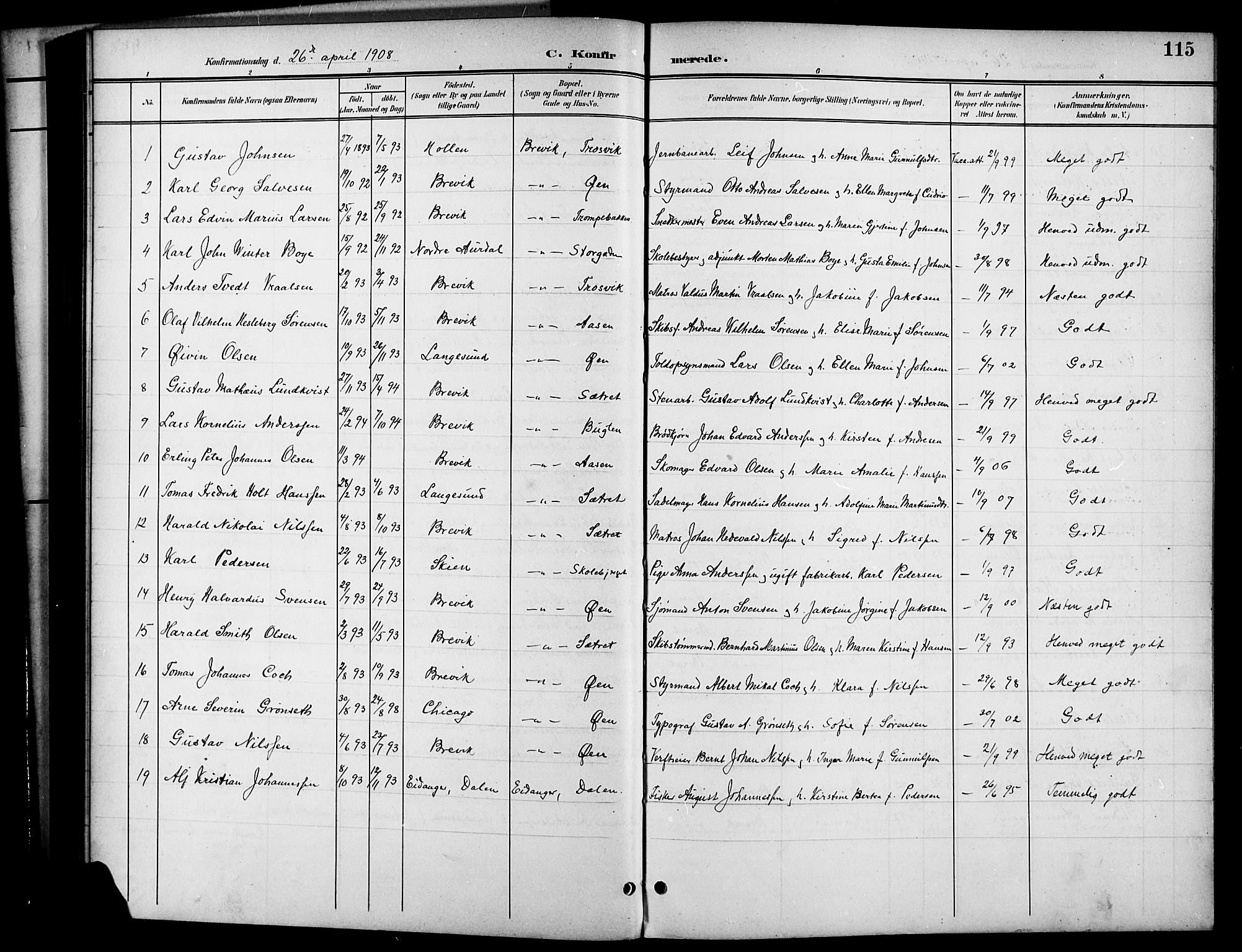 Brevik kirkebøker, SAKO/A-255/G/Ga/L0005: Parish register (copy) no. 5, 1901-1924, p. 115